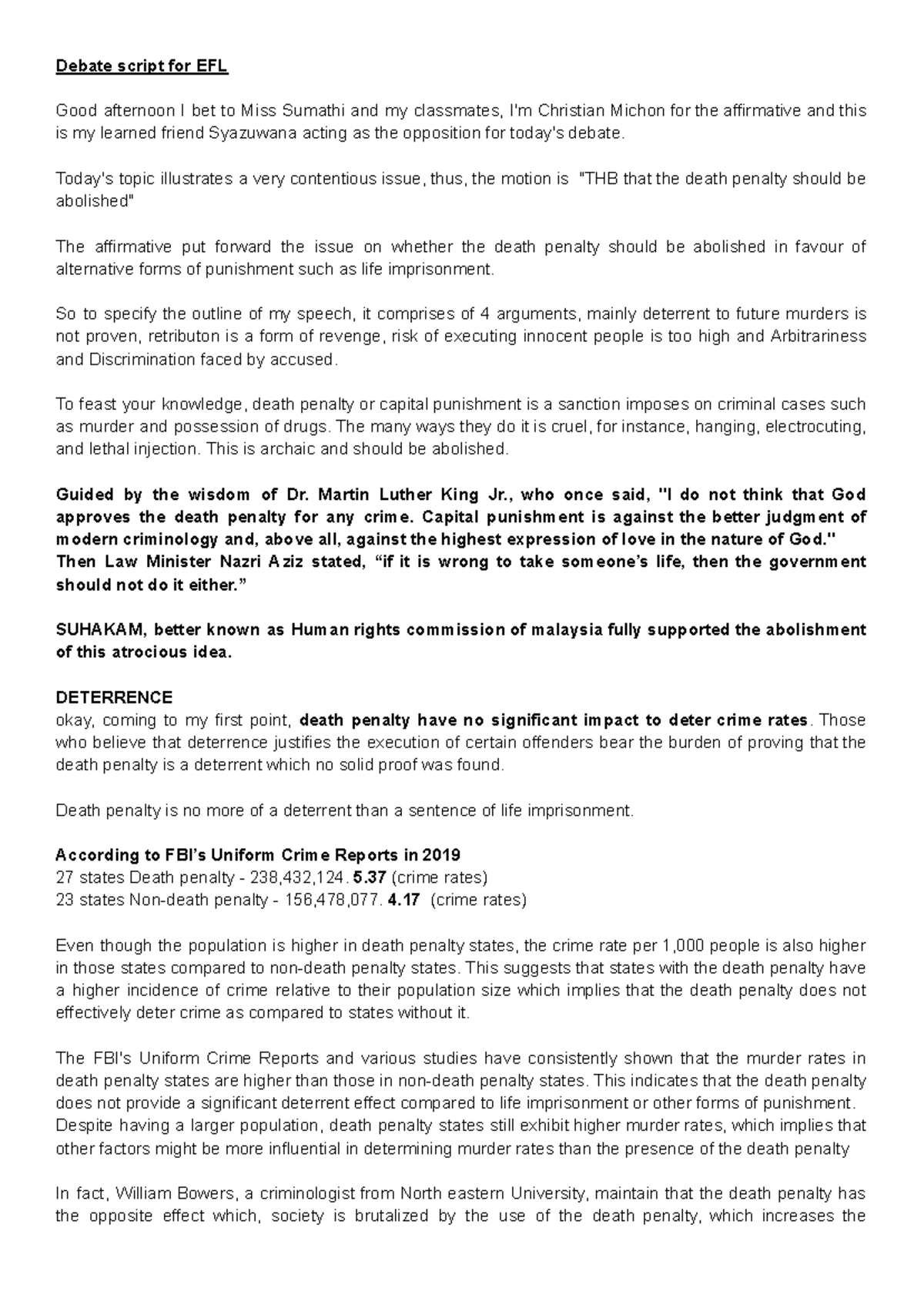 Debate script for EFL - death punishment should be abolished - Debate ...