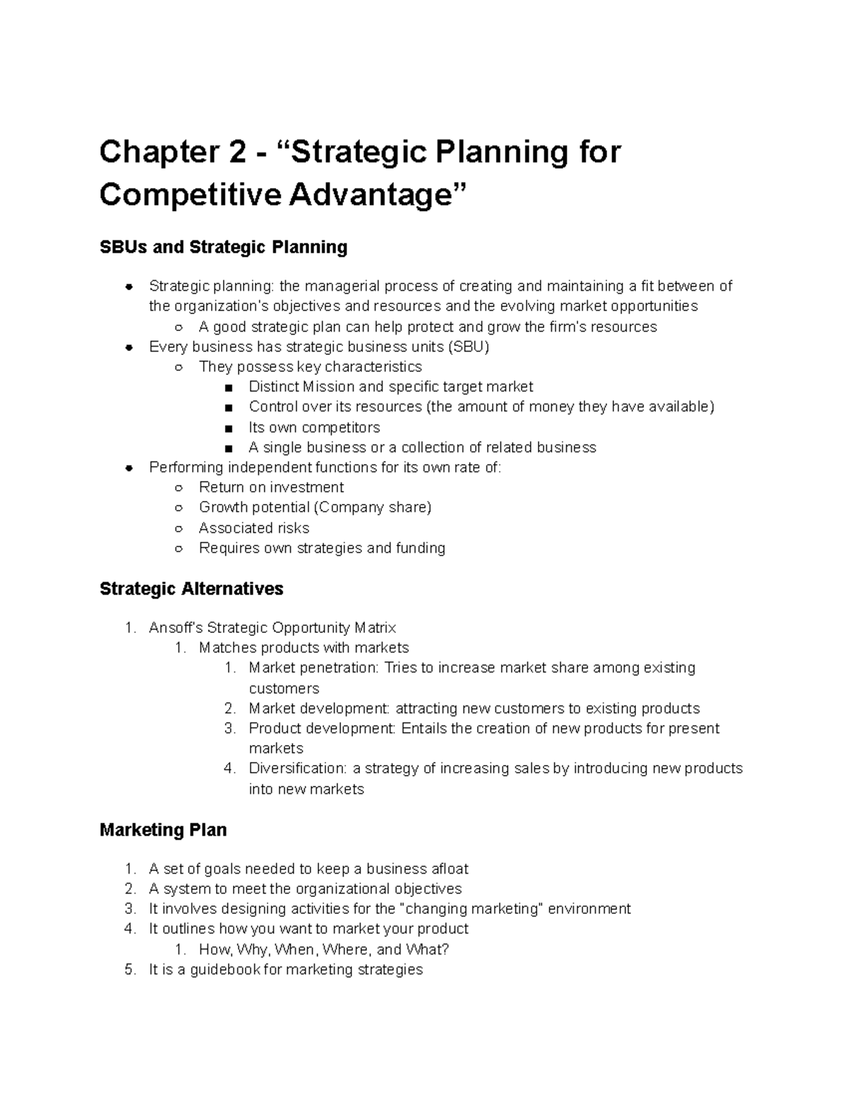 Chapter 2 Notes: Strategic Planning for Competitive Advantage - Studocu