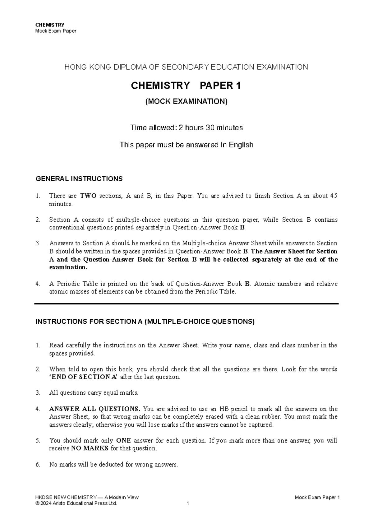 HKDSE CHEMISTRY Mock Exam Paper 1 - 2025 Aristo Edition - Studocu