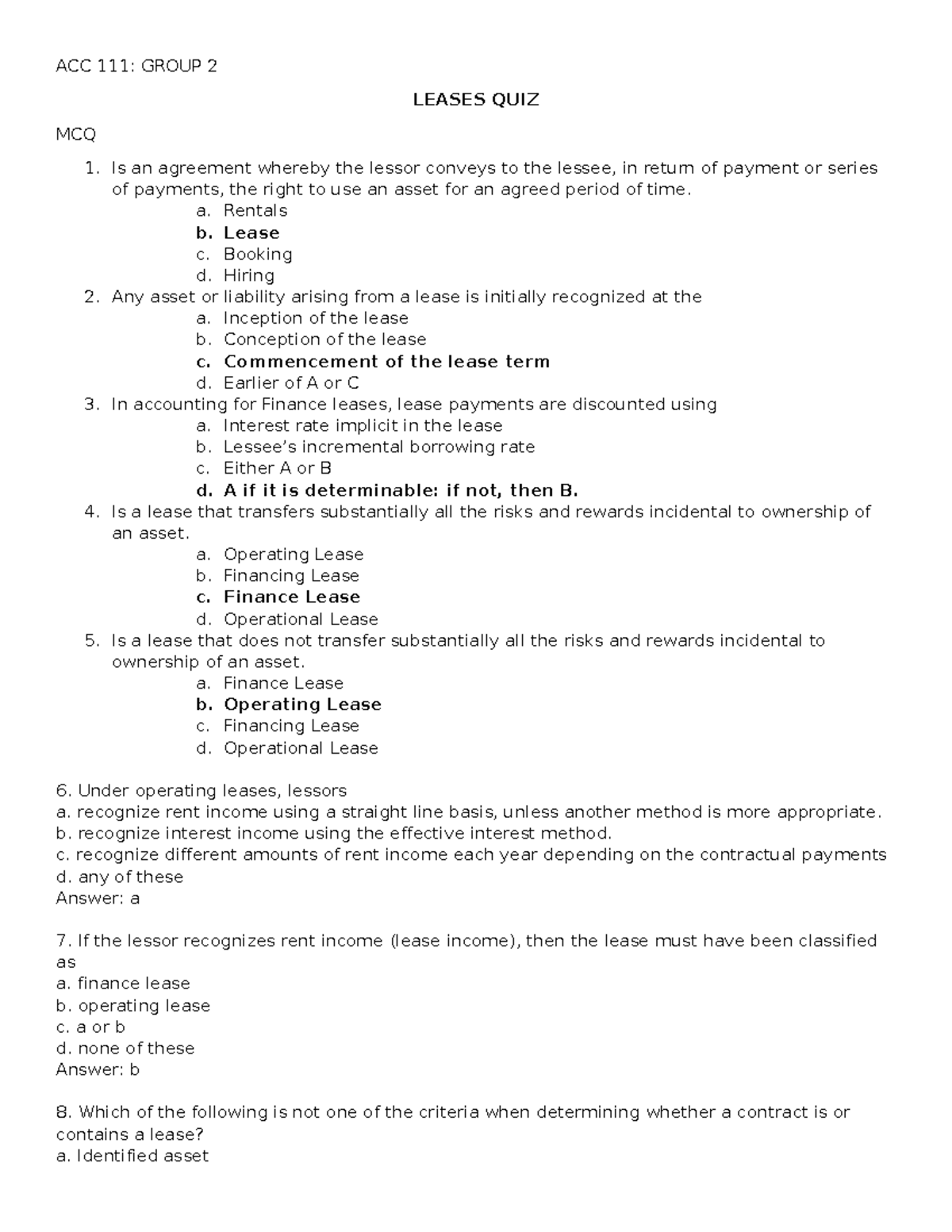 ACC 111: Leases Quiz - Multiple Choice Questions (MCQs) - Studocu