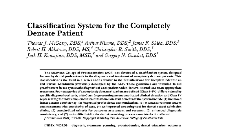Classification System for Completely Dentate Patients: ACP Guidelines ...