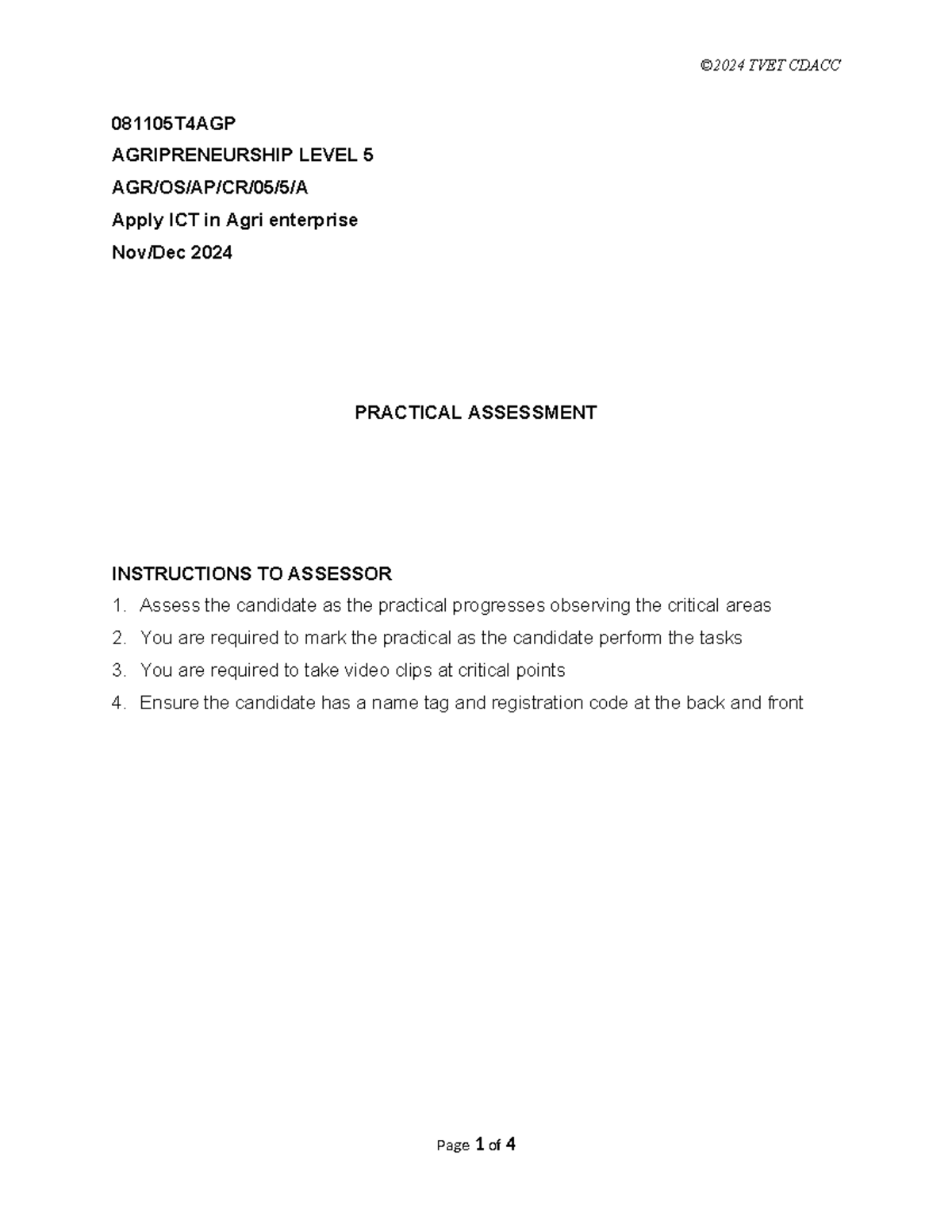 TVET CDACC 081105T4AGP Level 5 Practical Assessment Checklist for ICT ...