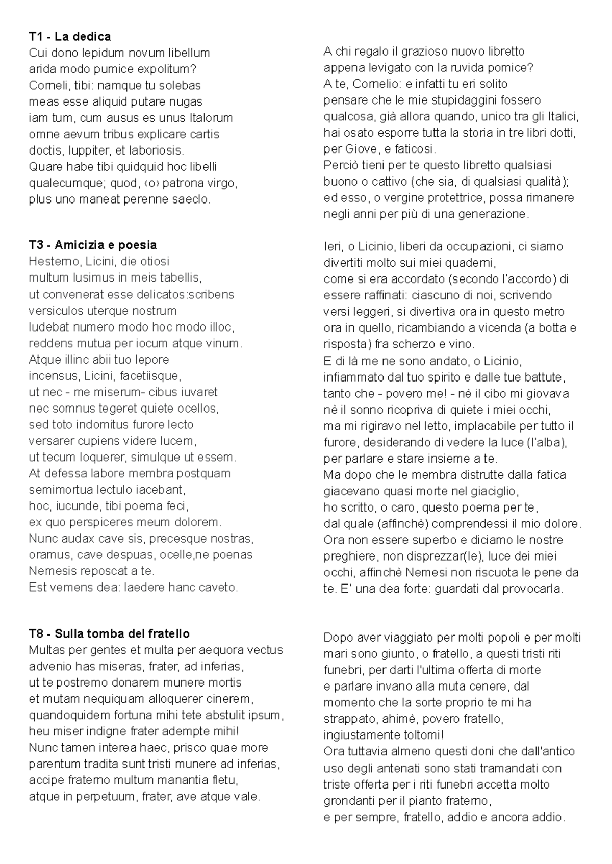 Catullo - Traduzioni e Analisi dei Poemi - Studocu