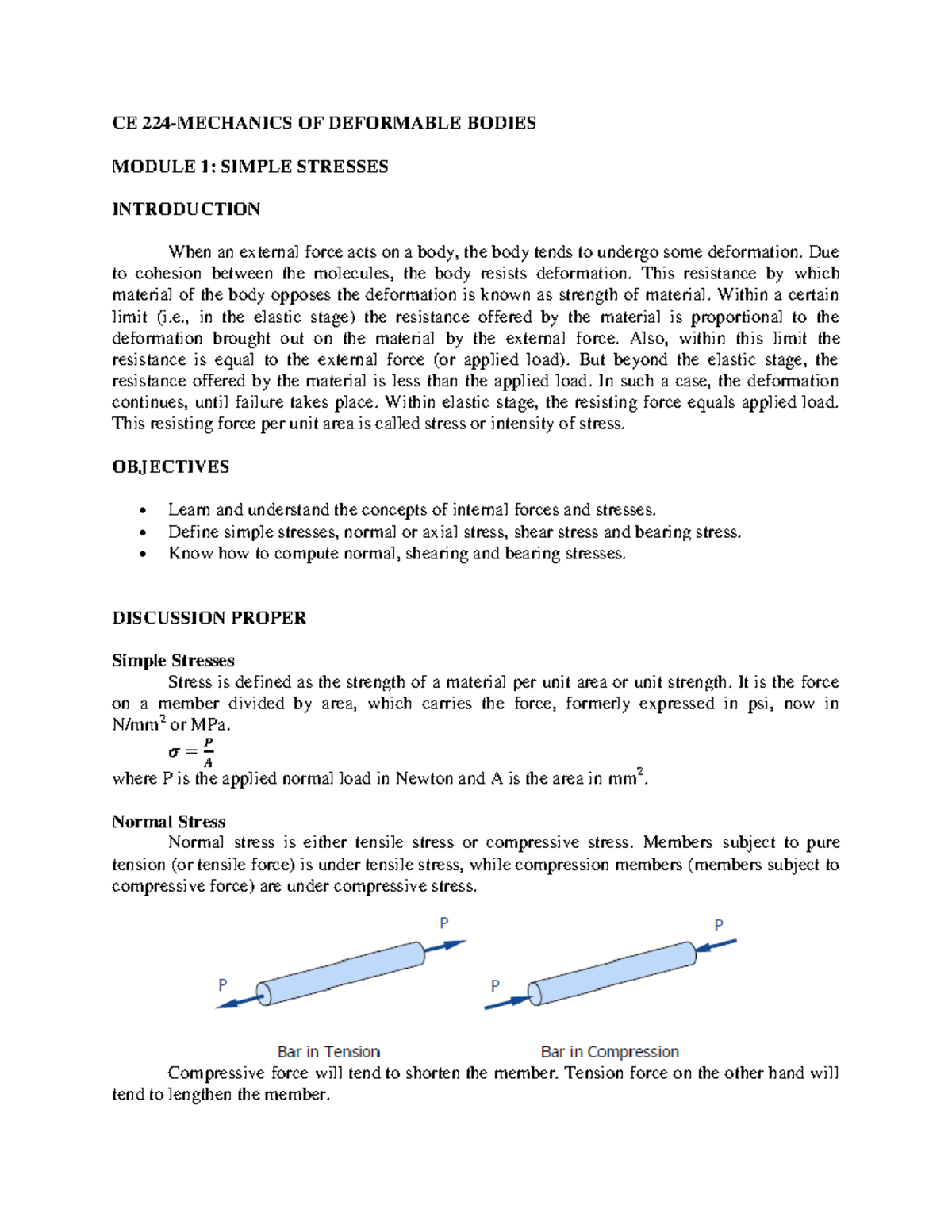 CE 224 Mechanics of Deformable Bodies - Lecture Notes on Stresses - Studocu