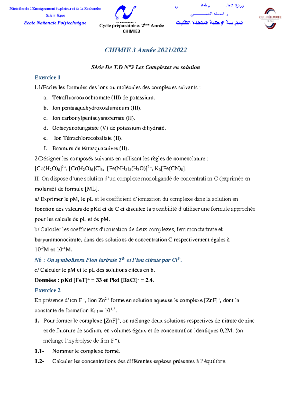 Série TD N°3: Les Complexes en Solution - CHIMIE 3 - 2021/2022 - Studocu
