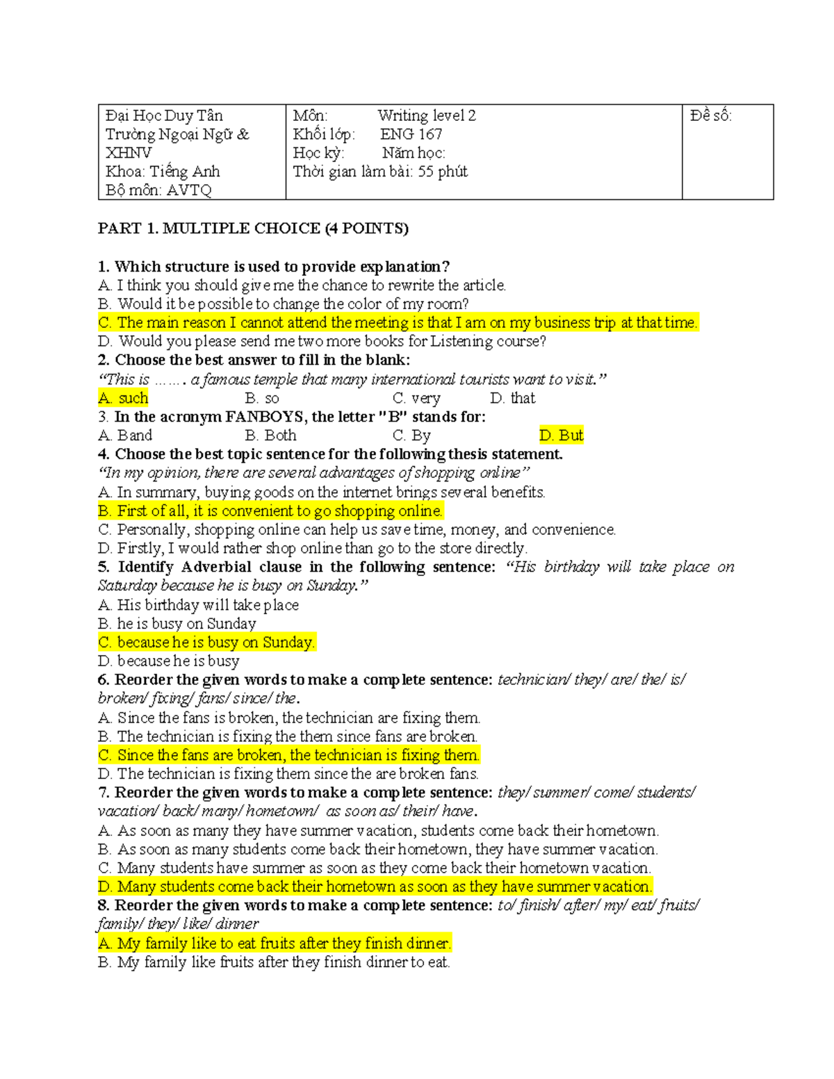 ENG 167 Writing Level 2 - Multiple Choice & Short Essay Practice - Studocu