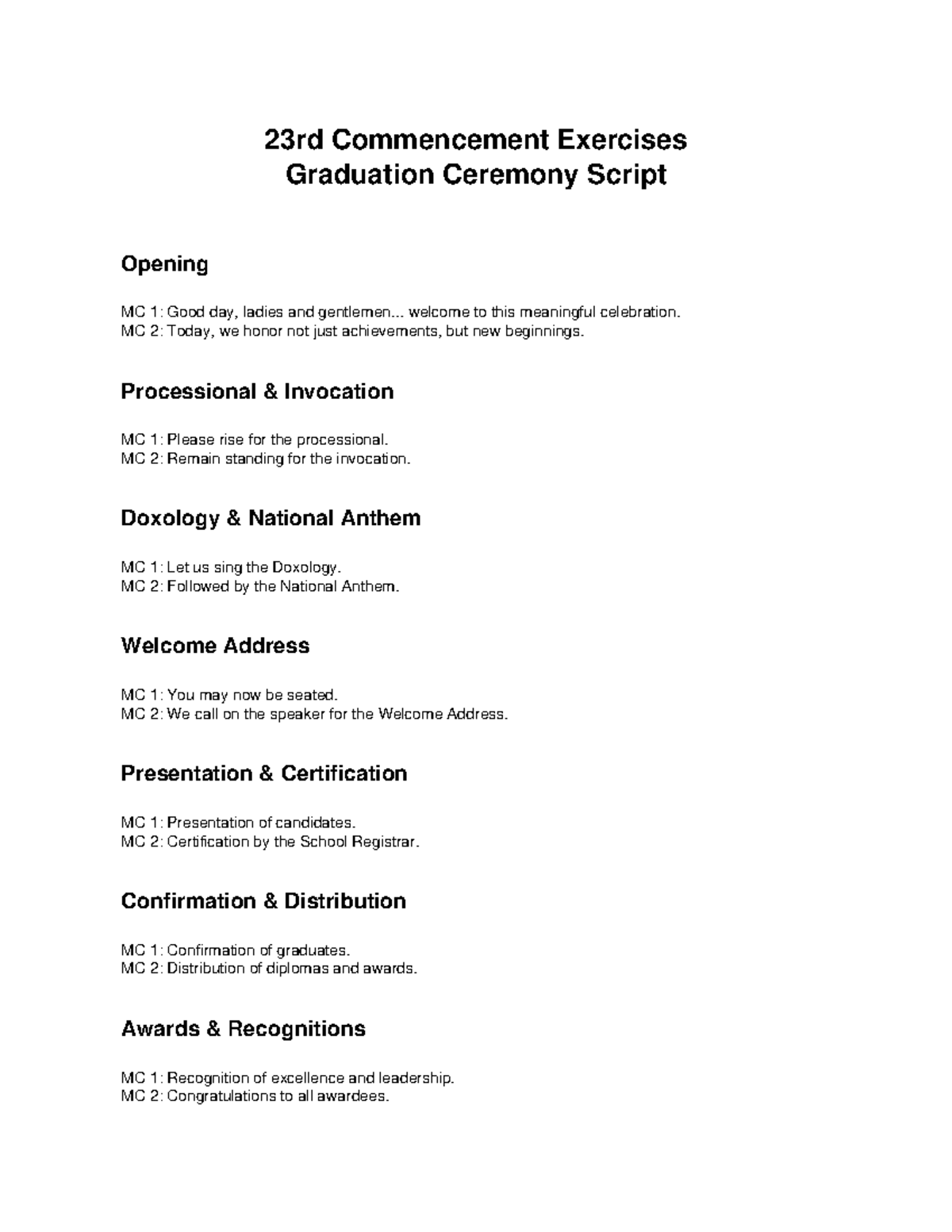 23rd Commencement Exercises Graduation Ceremony Script - LECTURE NOTES ...