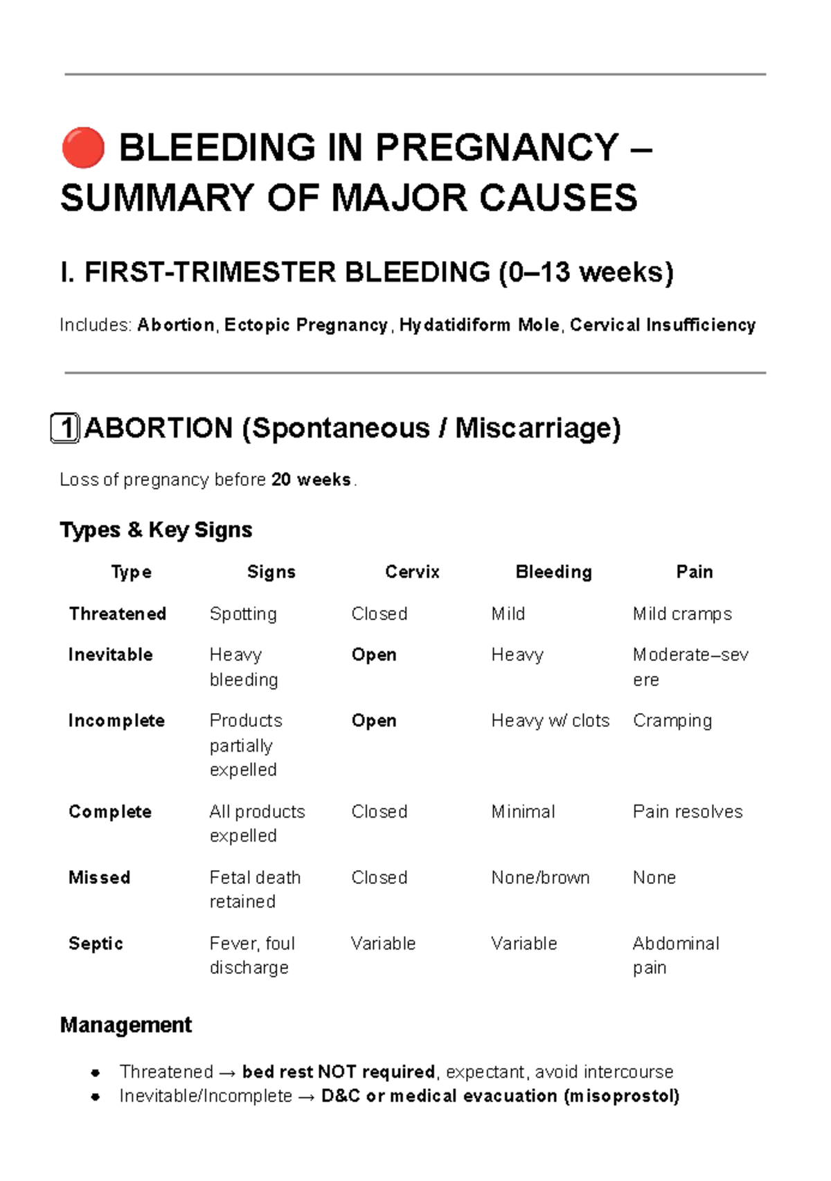 BLEEDING IN PREGNANCY: MAJOR CAUSES & MANAGEMENT NOTES - Studocu