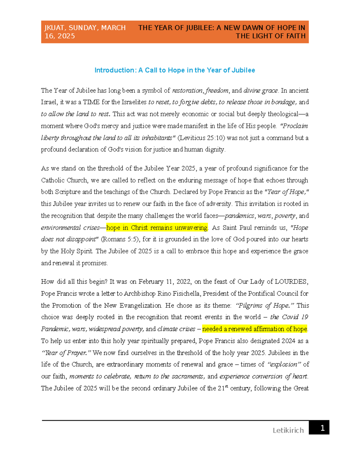 Jubilee Year 2025: Pilgrims of Hope in Catholic Faith - Studocu