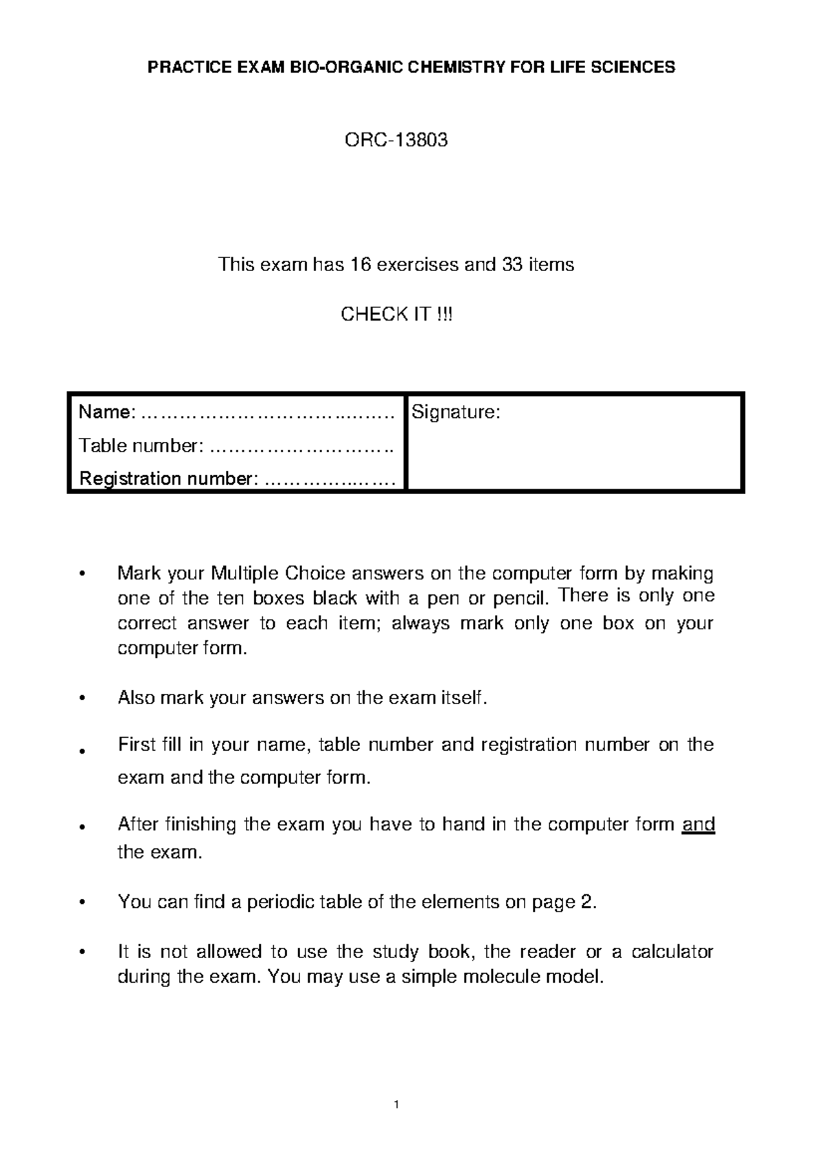 Practice Exam Answers for Bio-Organic Chemistry (ORC-13803) - Studeersnel