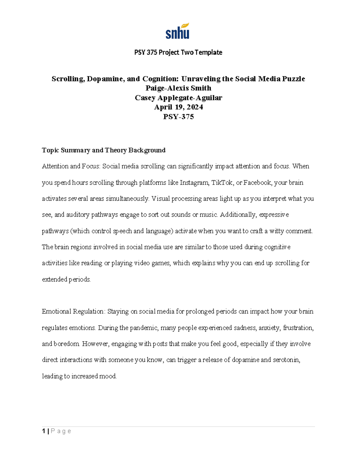 PSY 375 Project Two: Scrolling, Dopamine, and Cognition Insights - Studocu