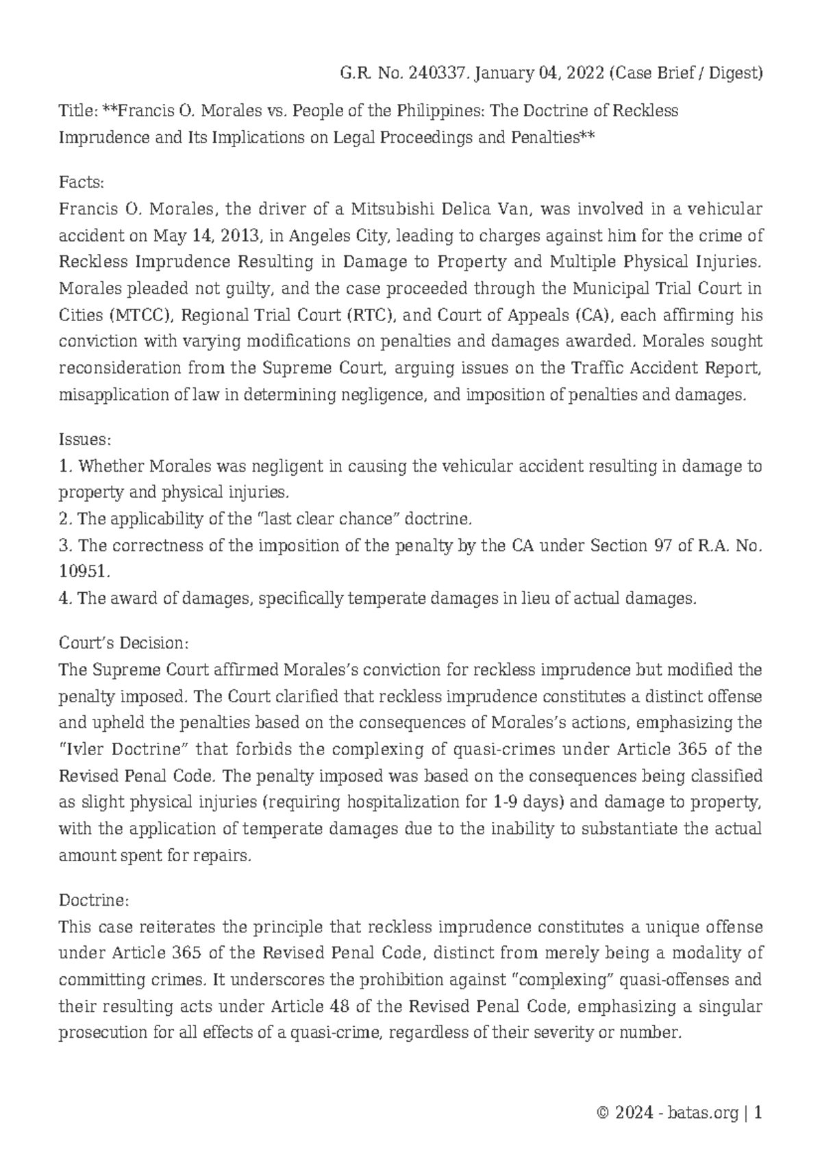 Reckless Imprudence Case Brief: G.R. No. 240337 (Jan 4, 2022) Analysis ...