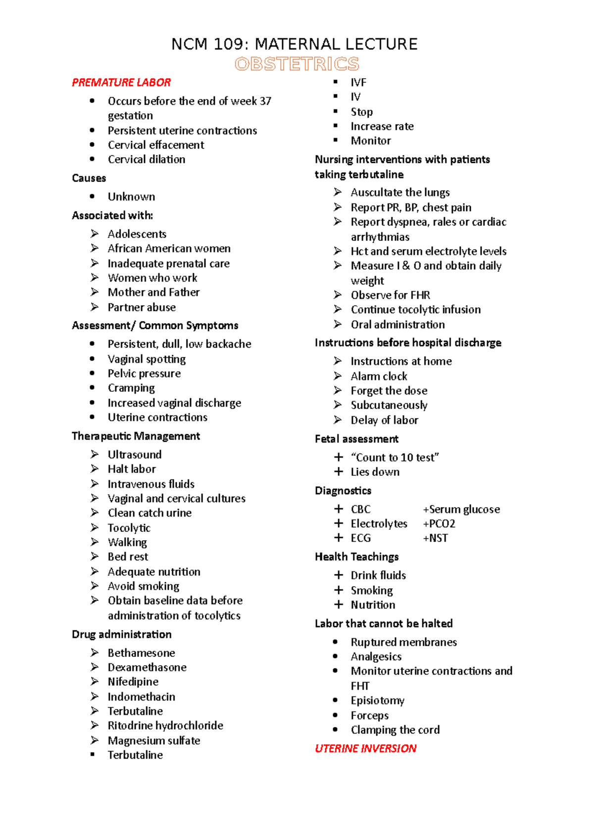 NCM 109 Final Exam Reviewer on Obstetrics: Key Concepts and Management ...