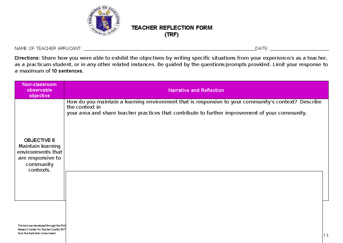 450502799 Teacher Reflection Form TRF - This tool was developed through ...