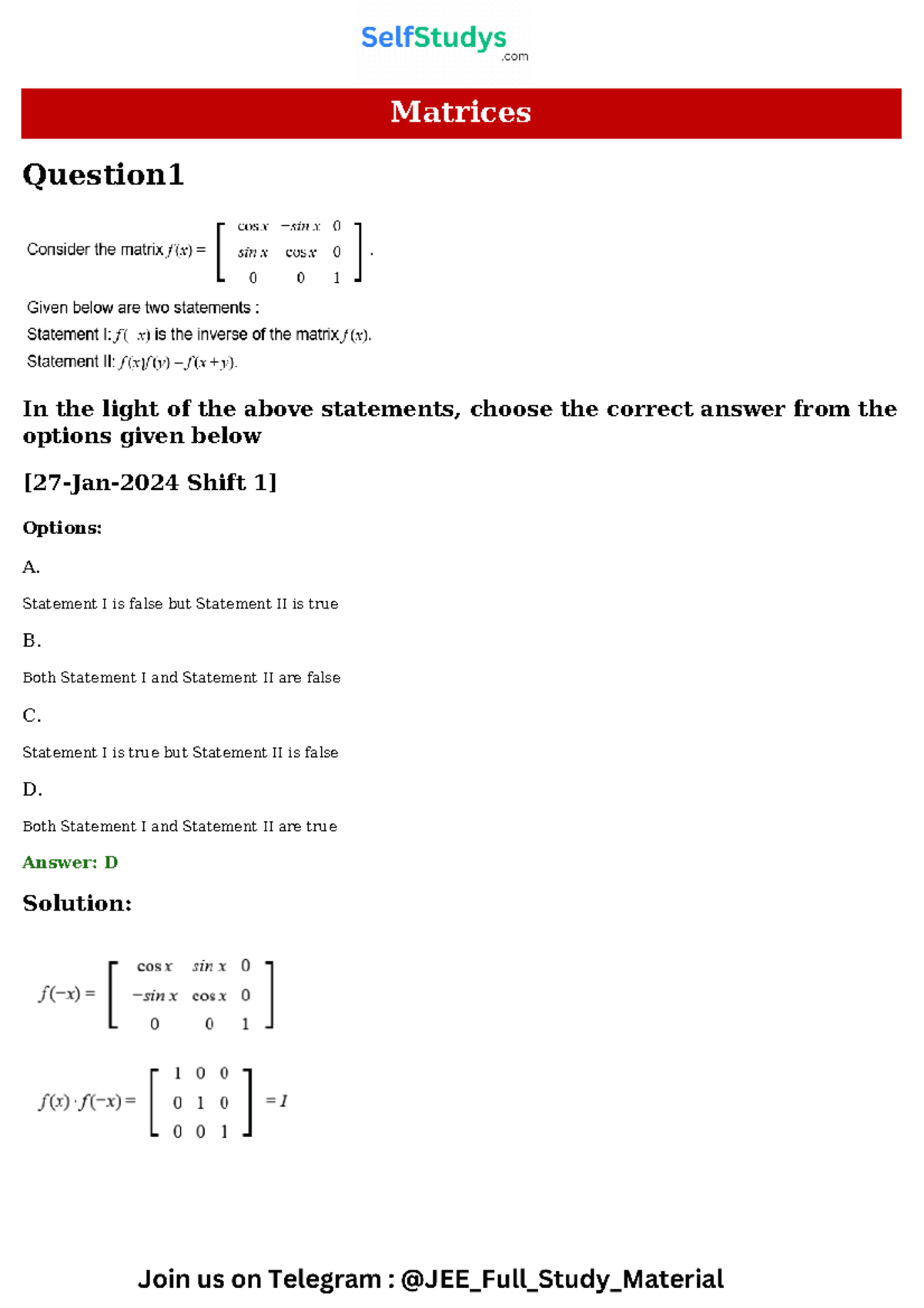 Matrices jee pyq - MATRICS GUN SHOT - Matrices Question In the light of ...