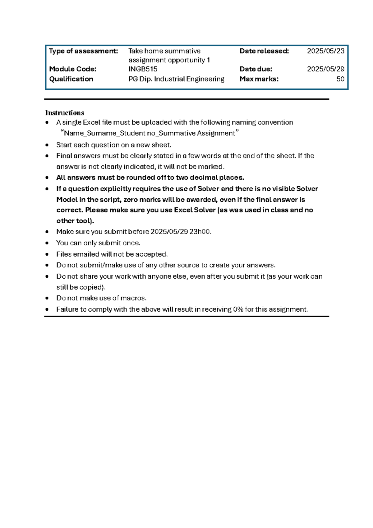 INGB515 Take Home Summative Assignment 1: Excel Solver Tasks - Studocu