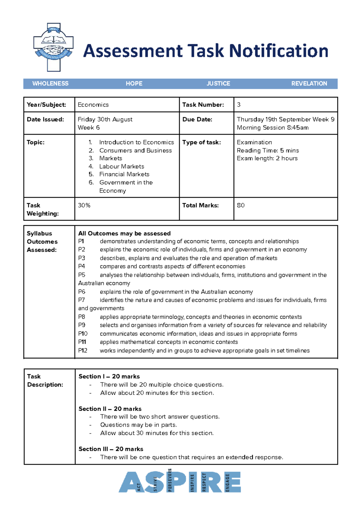 Year 11 Economics Exam Notification Task 3 - Wholeness, Hope, Justice ...