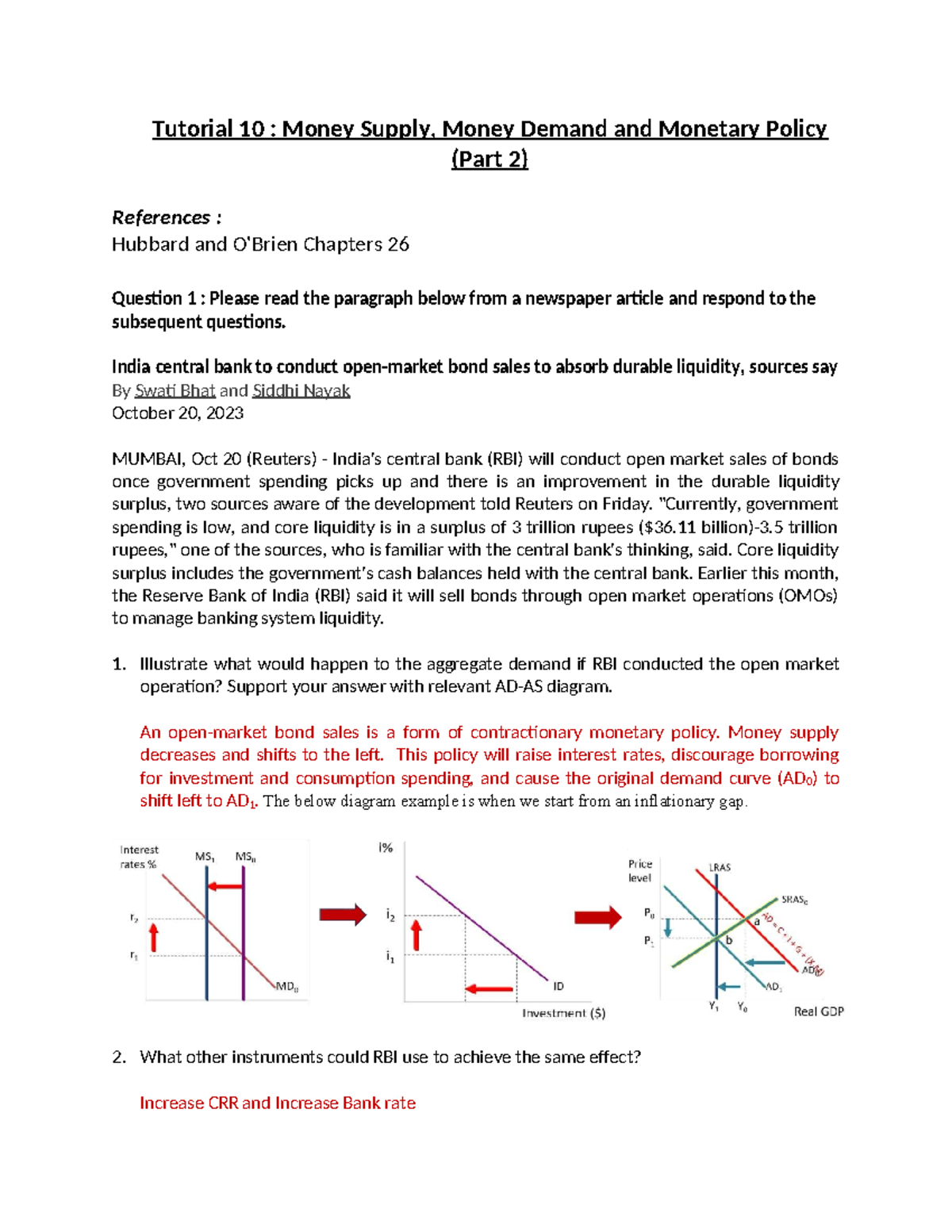Tutorial 10: Money Supply, Demand & Monetary Policy Insights - Studocu