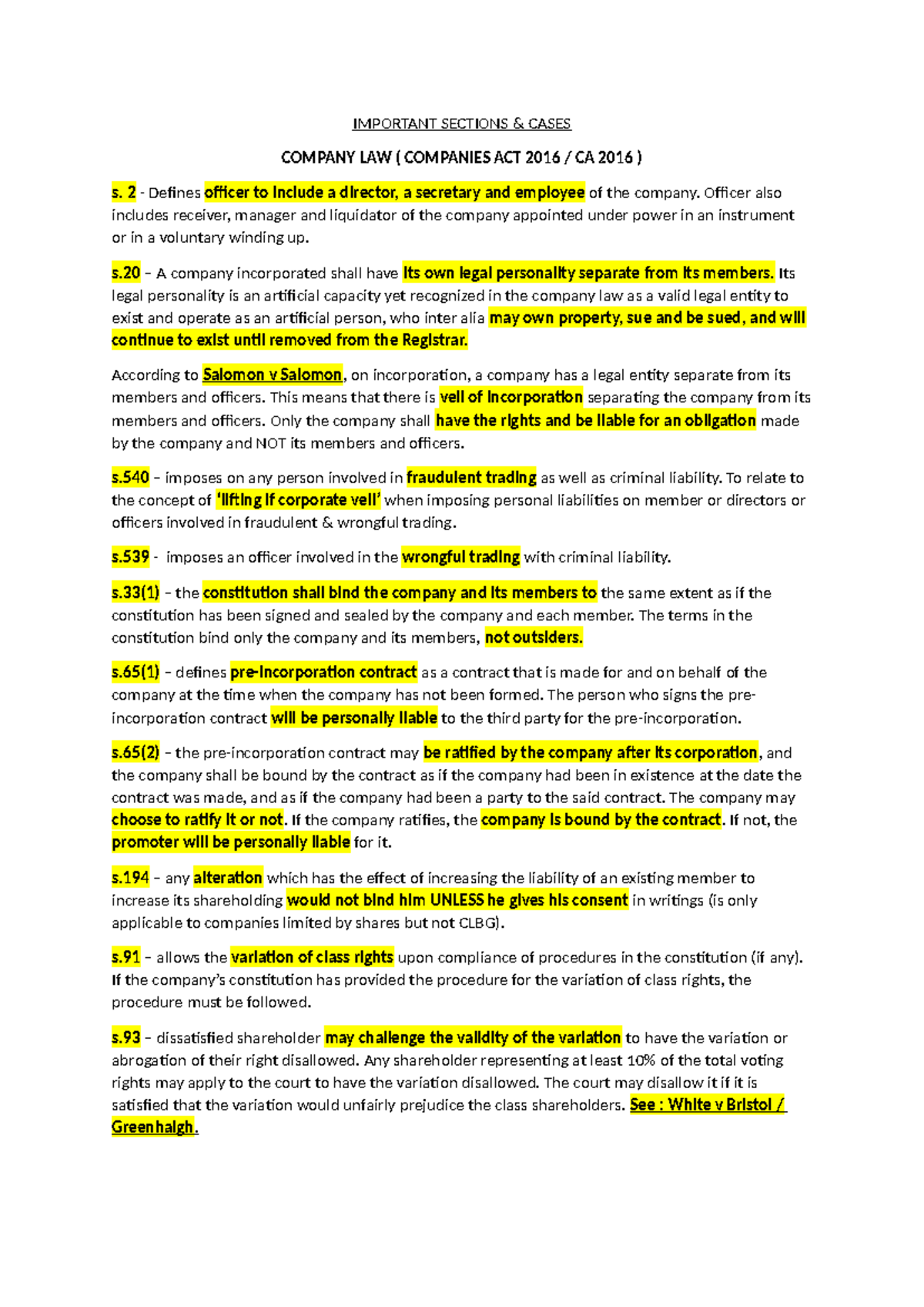 LAW Notes on Important Sections - Companies Act 2016 & Contracts Act ...