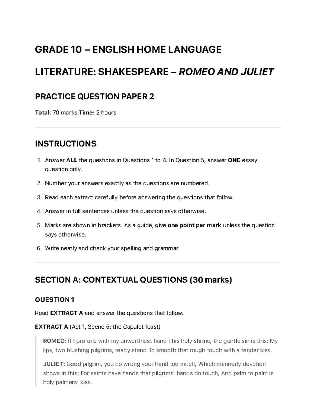 GRADE 10 ENGLISH HOME LANGUAGE: ROMEO AND JULIET PRACTICE QUESTION ...