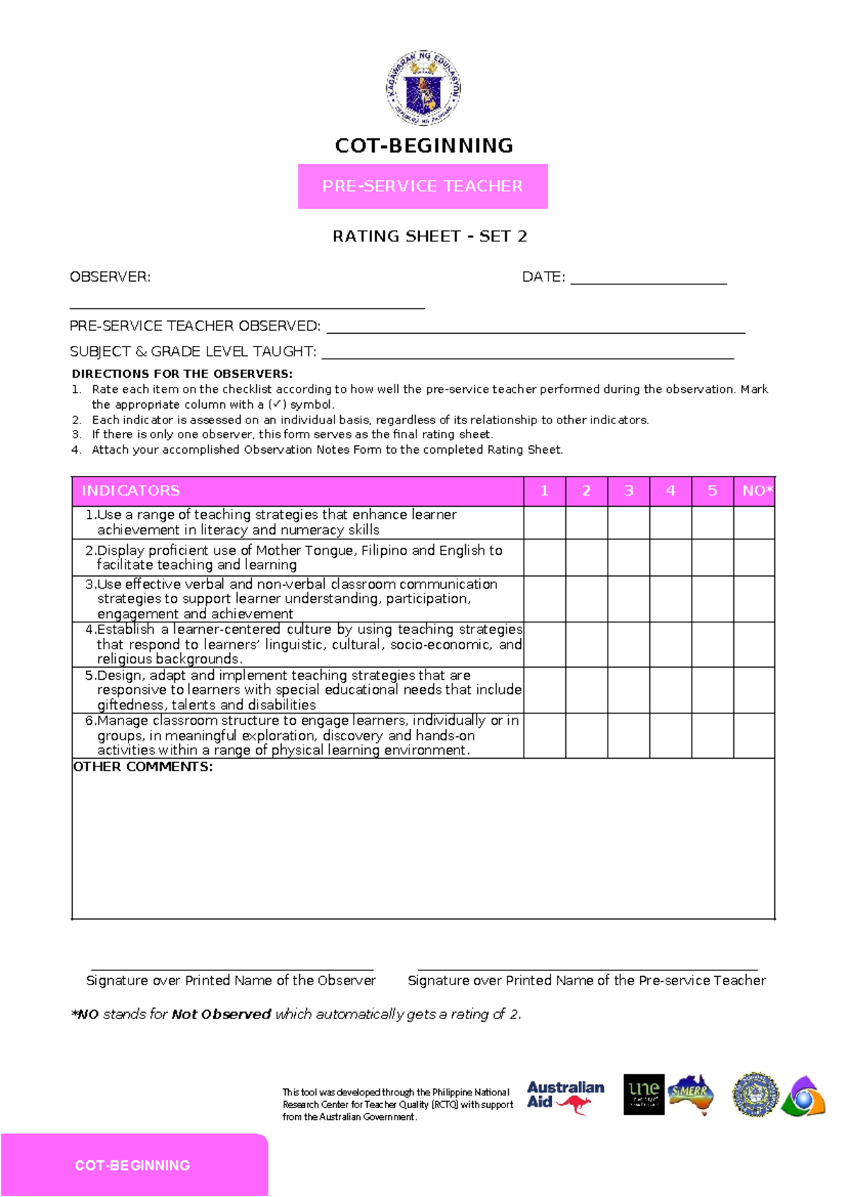 COT Beginning Set 2 Observer Rating Sheet for Pre-Service Teachers ...