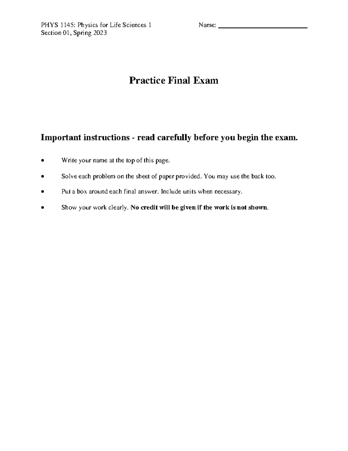 PHYS 1145: Practice Final Exam Review for Spring 2023 - Studocu