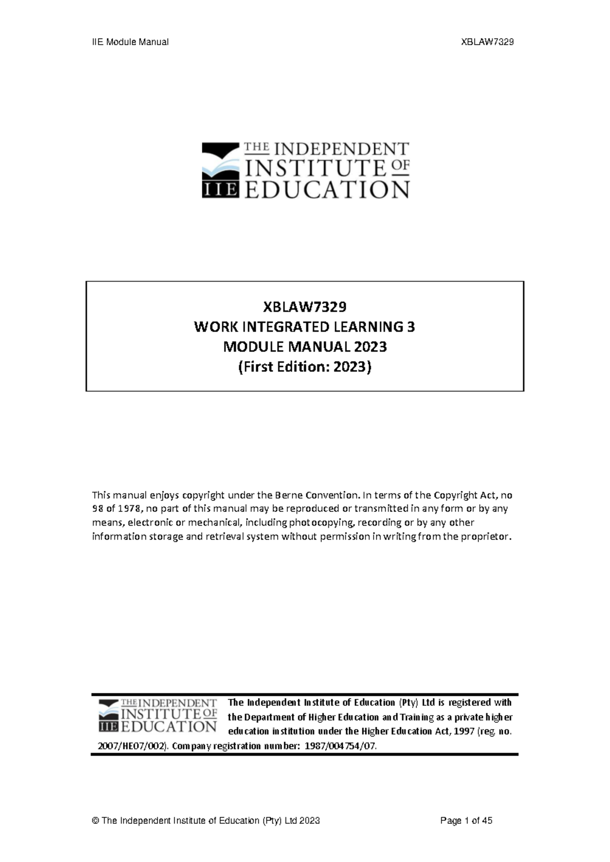 IIE Module Manual: Work Integrated Learning (WIL) XBLAW7329 - Studocu