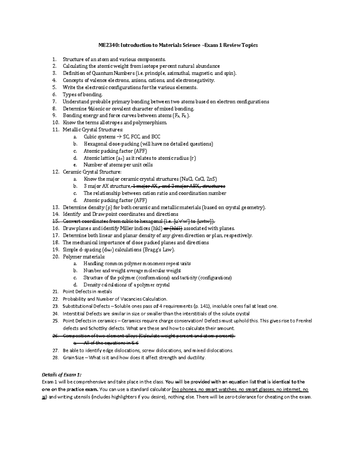 ME2340: Exam 1 Review Topics in Materials Science 2025 - Studocu