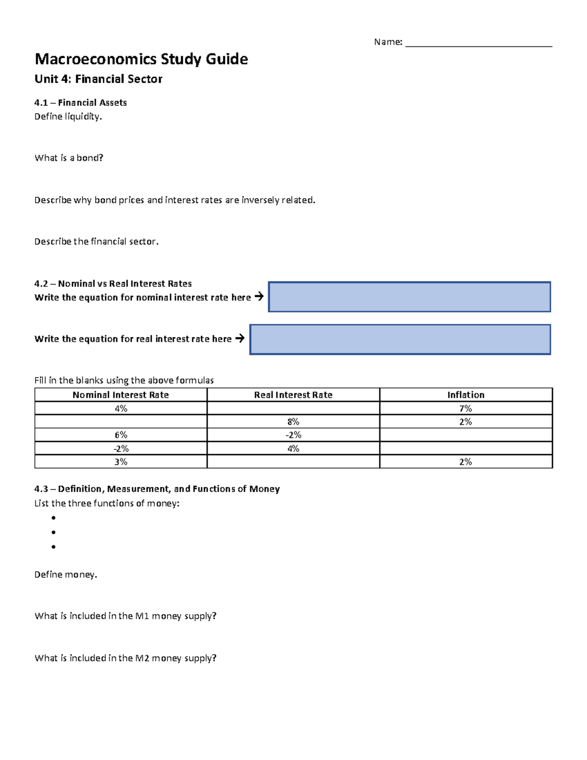 Unit 4: Macroeconomics Study Guide on Financial Sector & Money Supply ...
