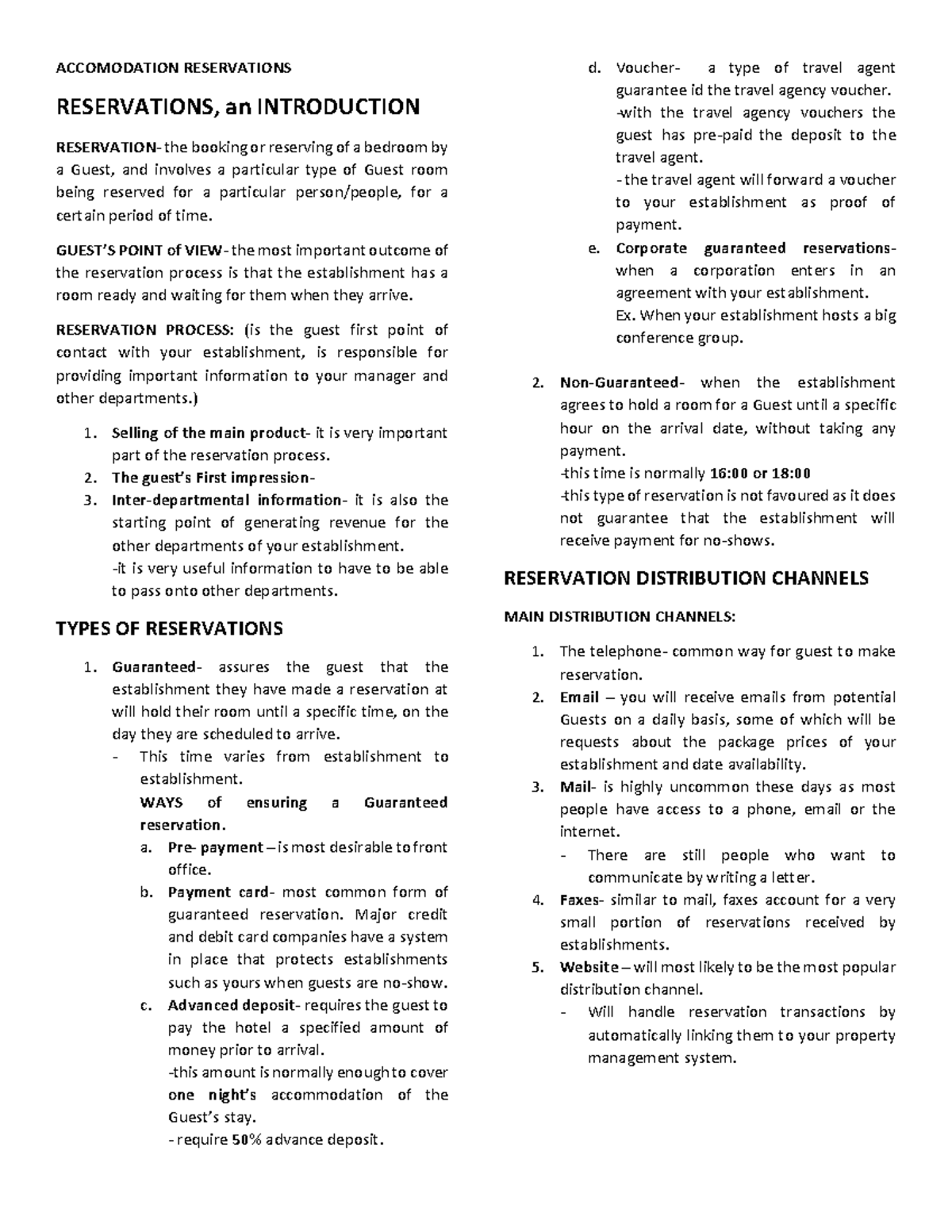 Accommodation Reservations: Key Processes and Sales Techniques - Studocu