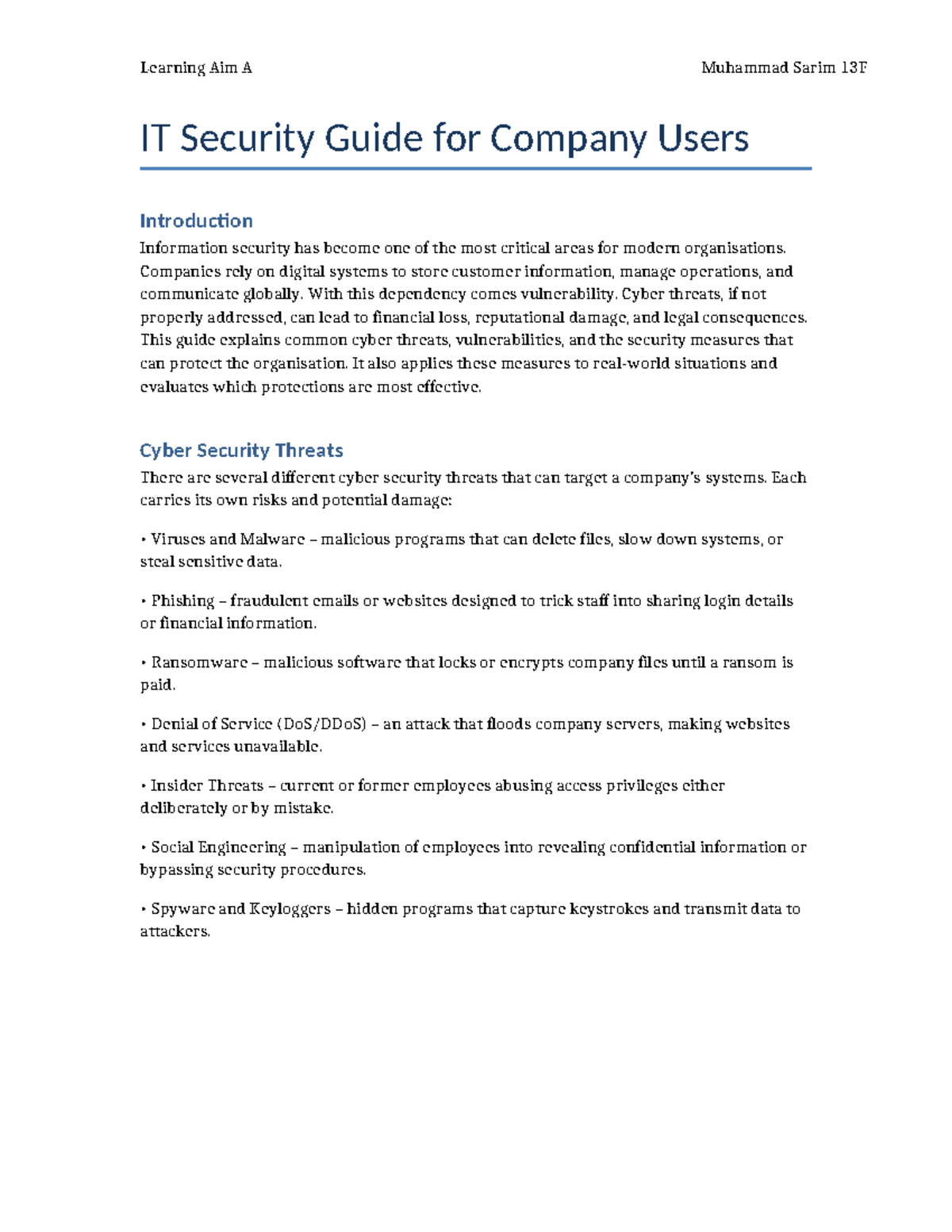 IT Security Guide for Company Users: Learning Aim A 13F - Studocu