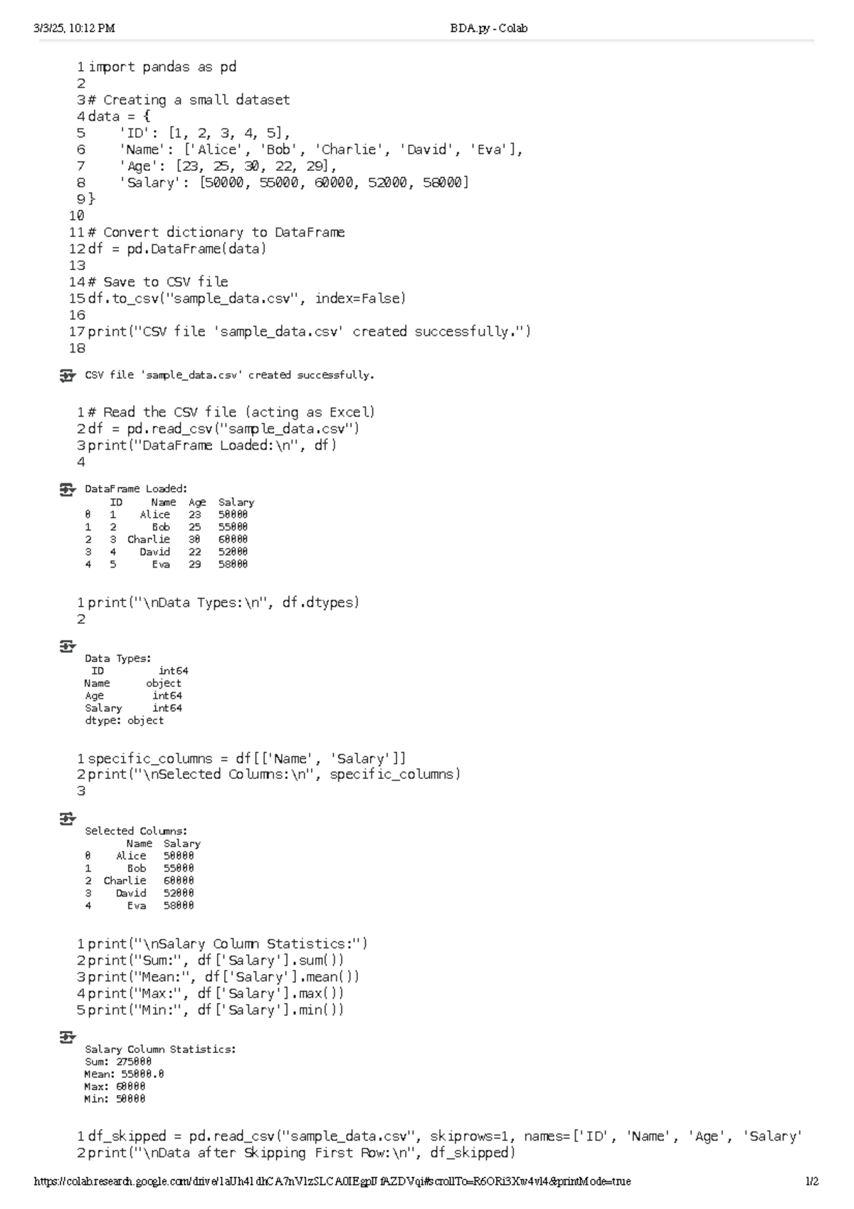 BDA - Colab Practical No 1: DataFrame Creation & Analysis - Studocu