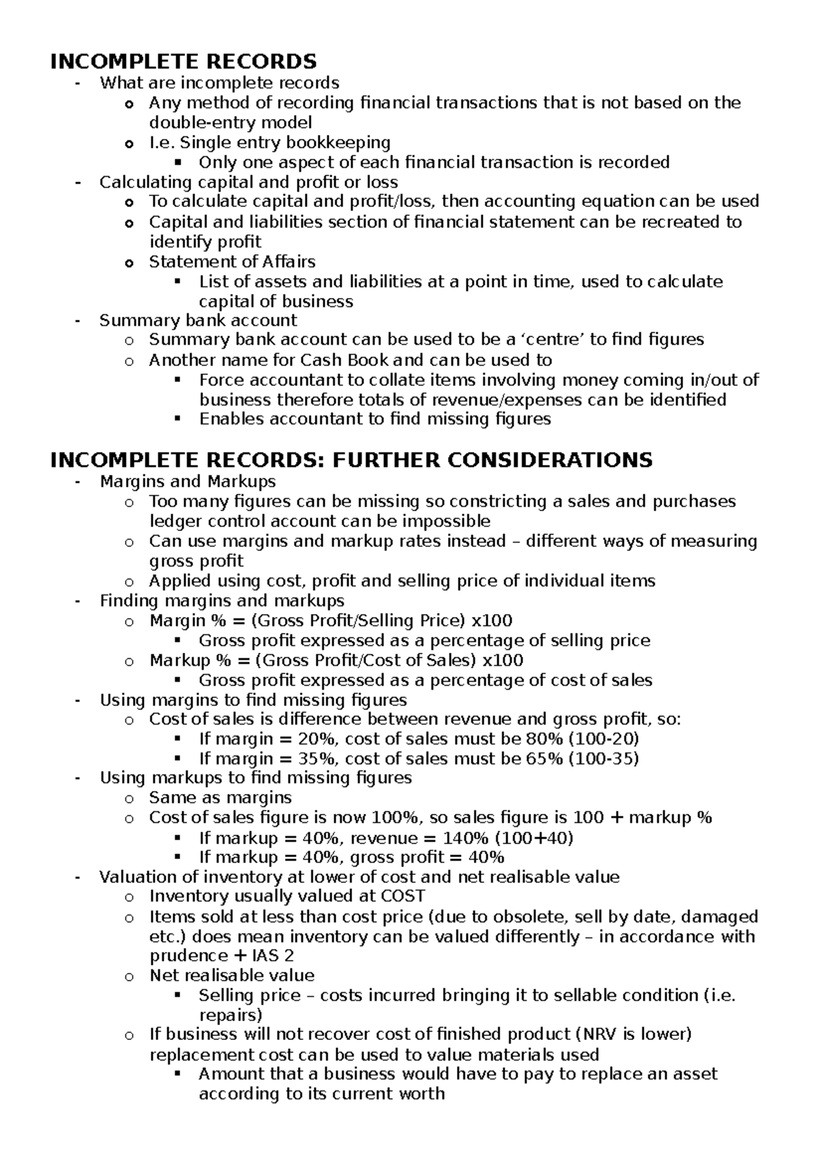 Accounting A-Level: Incomplete Records and Financial Management - Studocu