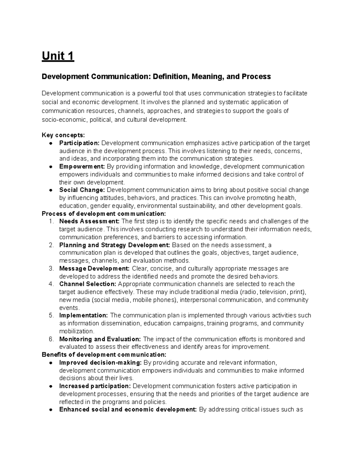 Unit 1: Development Communication - Definition, Meaning & Process - Studocu