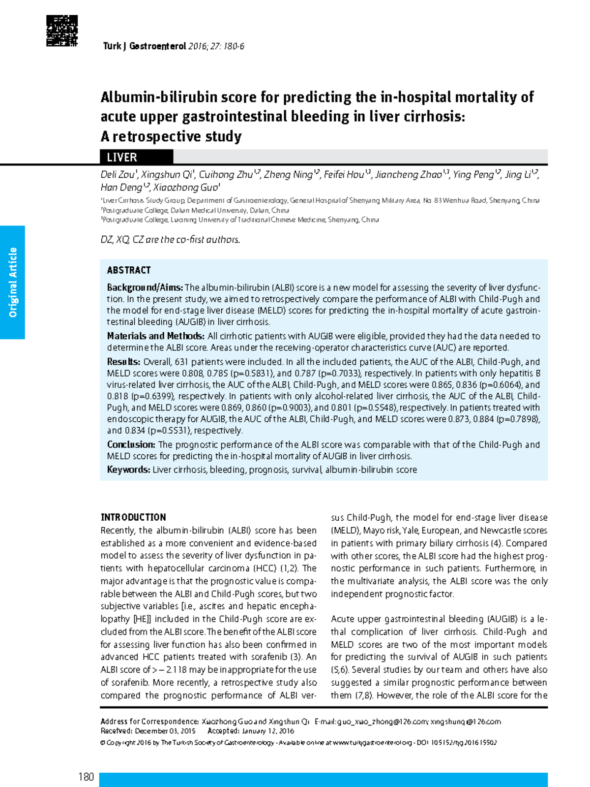 Turk J Gastroenterol 27: ALBI Score for Predicting Mortality in AUGIB ...