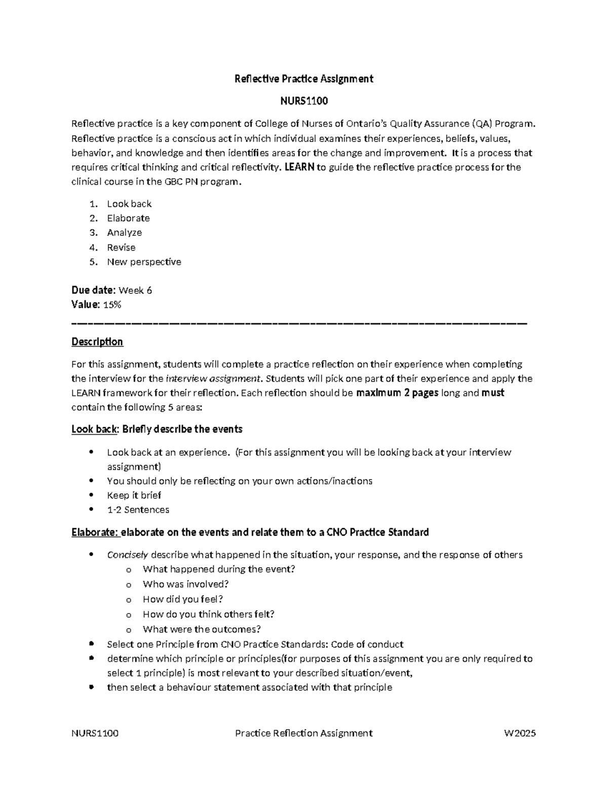 NURS1100 Reflective Practice Assignment Guidelines W2025 - Studocu