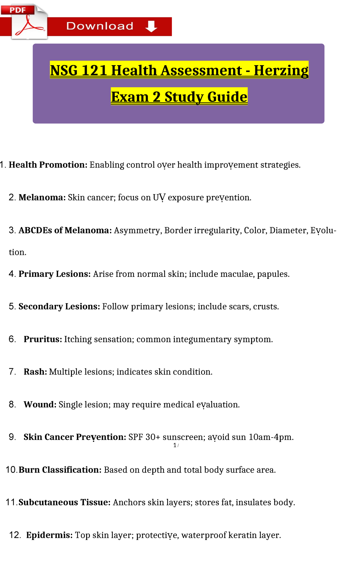 NSG 121 Health Assessment Exam 2 Comprehensive Study Guide - Studocu