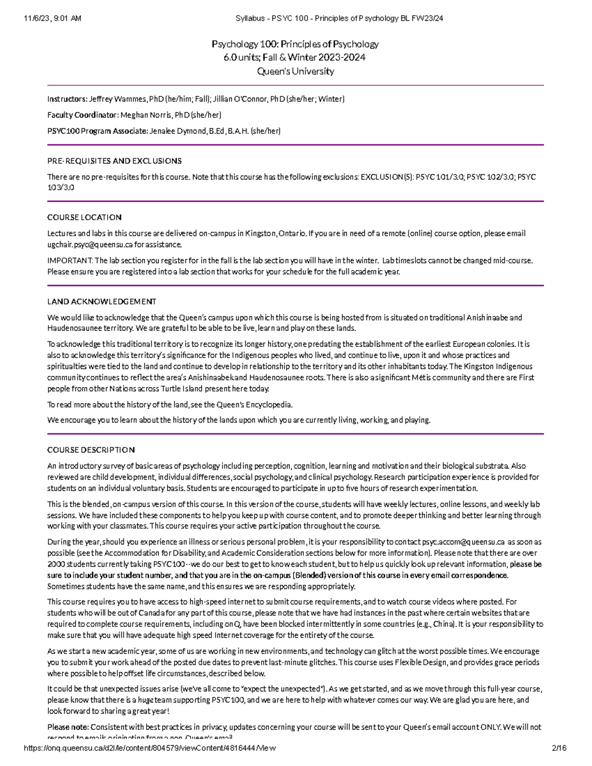 PSYC100 Course Outline: Intro to Principles of Psychology 2023 - Studocu