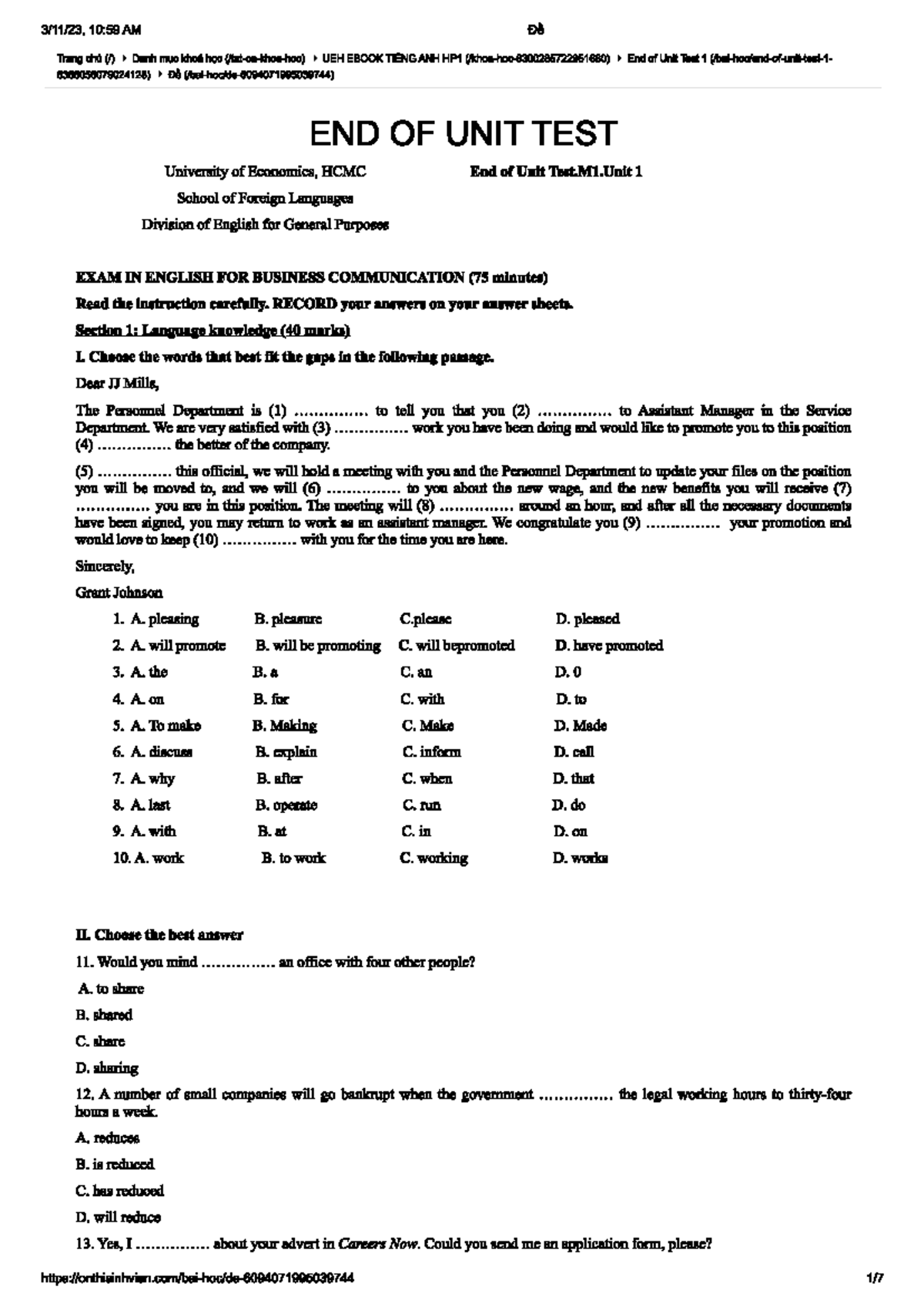 End of Unit Test 1 - Tiếng Anh (English) Study Guide - Studocu