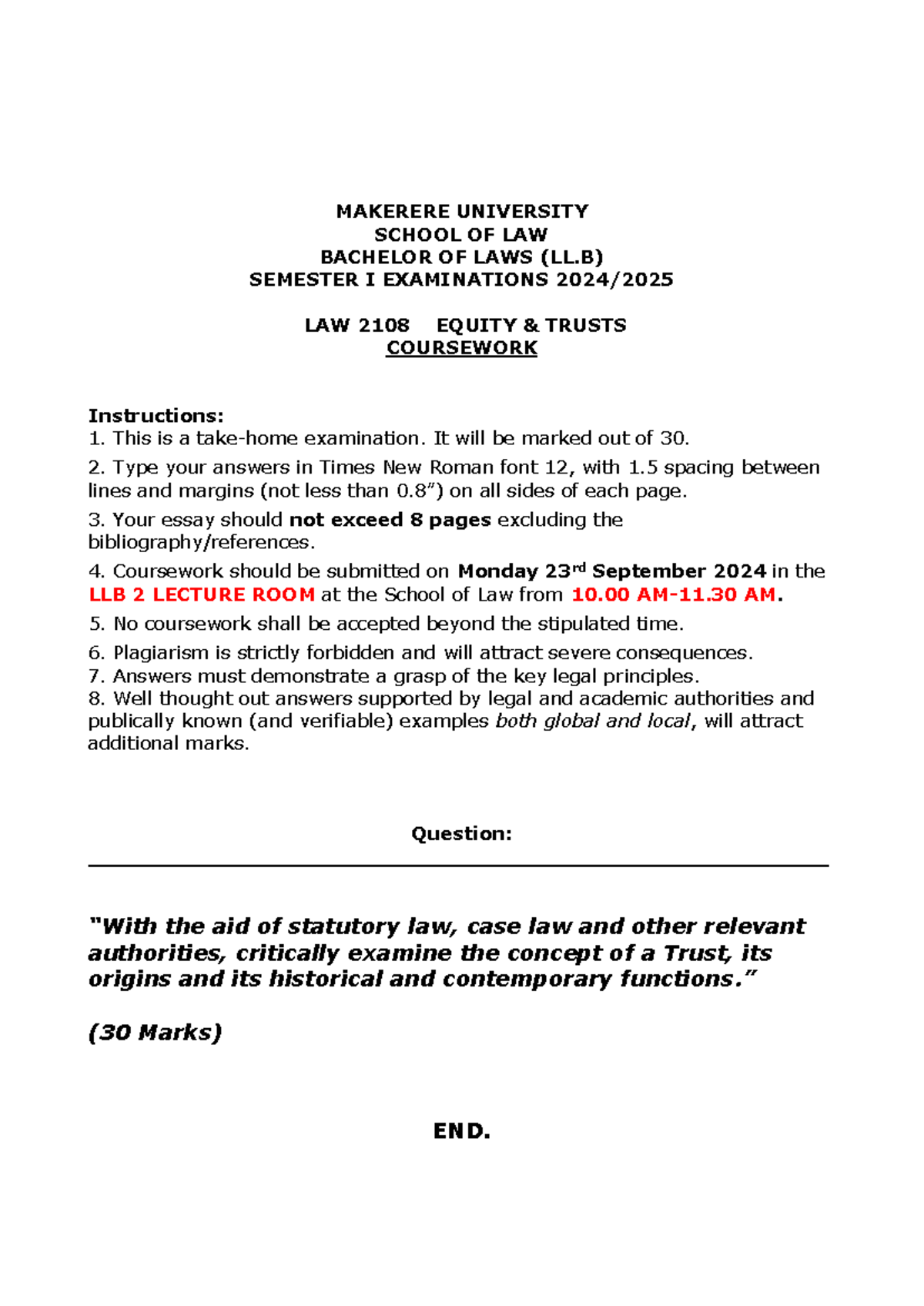 LAW 2108 Coursework: Trusts Concept Analysis - Semester 1 2024-2025 ...