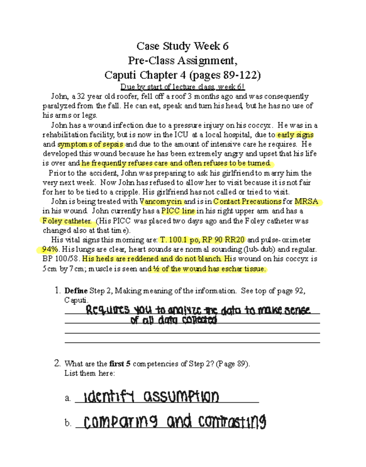 NUR 155 Case Study Week 6 Pre-Class Assignment Analysis and Notes - Studocu