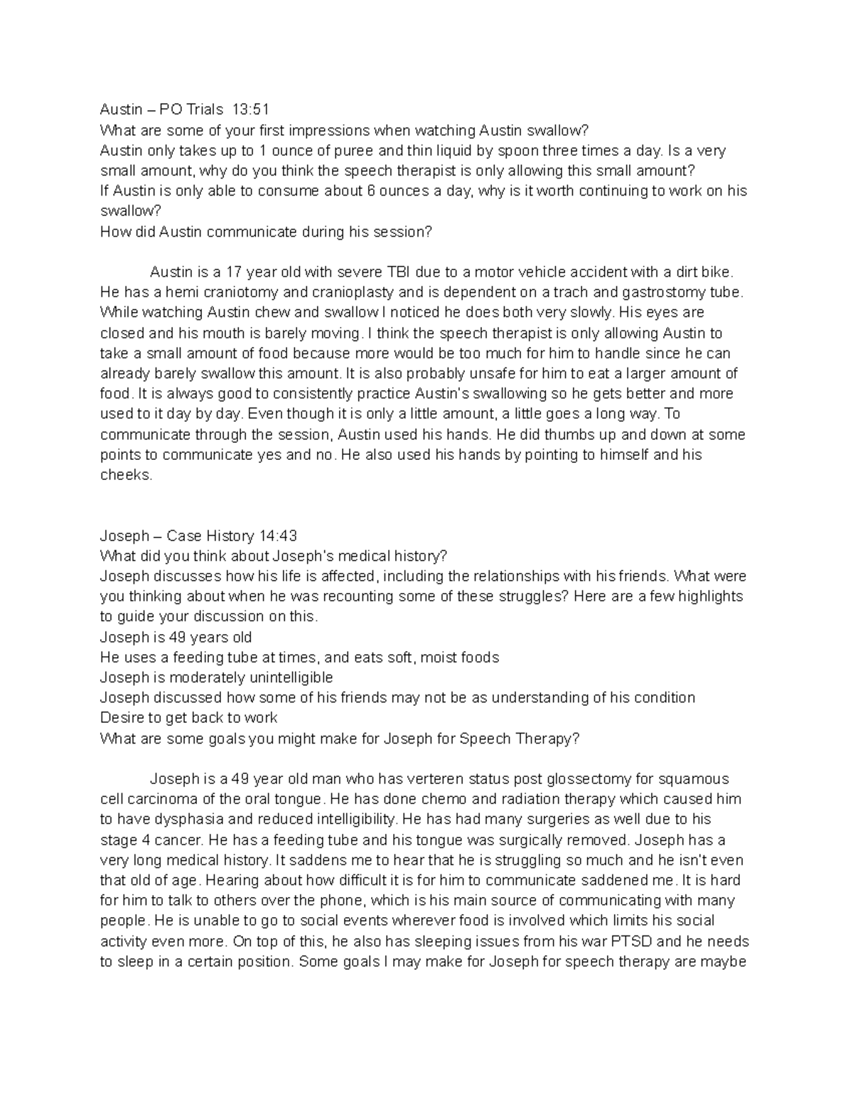 Week 10 Simucase - Swallowing and Communication Evaluations for Austin ...