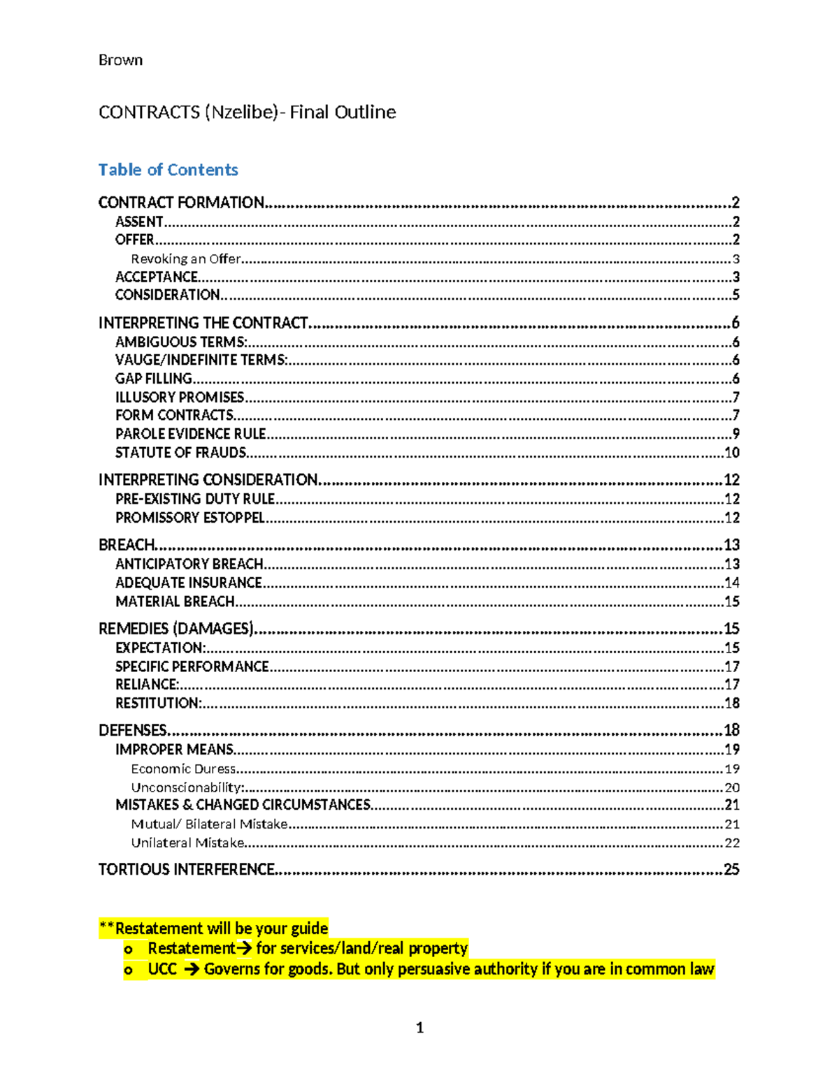 Brown CONTRACTS Final Exam Outline: Key Concepts and Principles - Studocu
