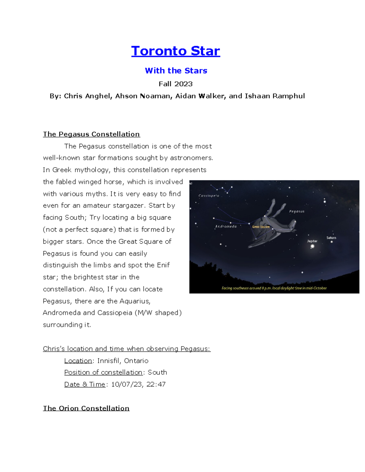 LA-1 Assignment: Exploring Notable Constellations and Their Myths - Studocu