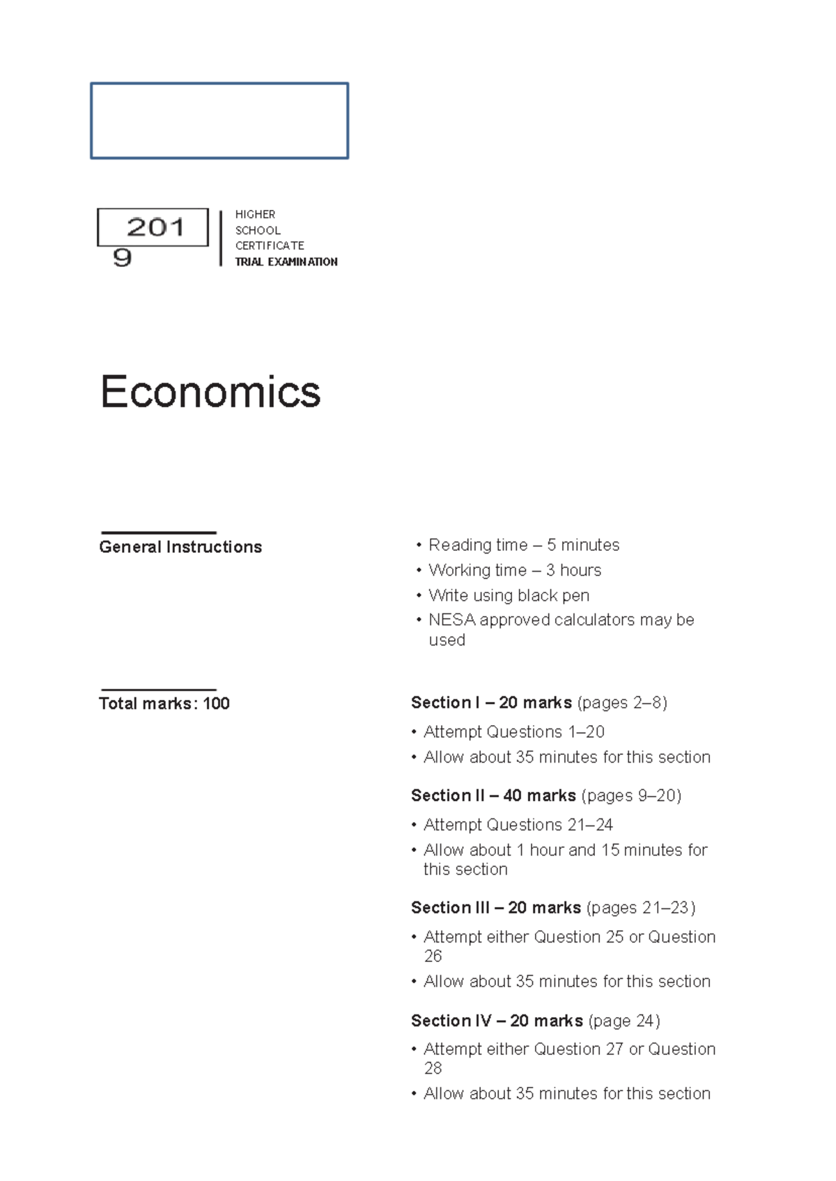 Sydney Boys HSC Trial Exam 2019: Economics General Instructions - Studocu