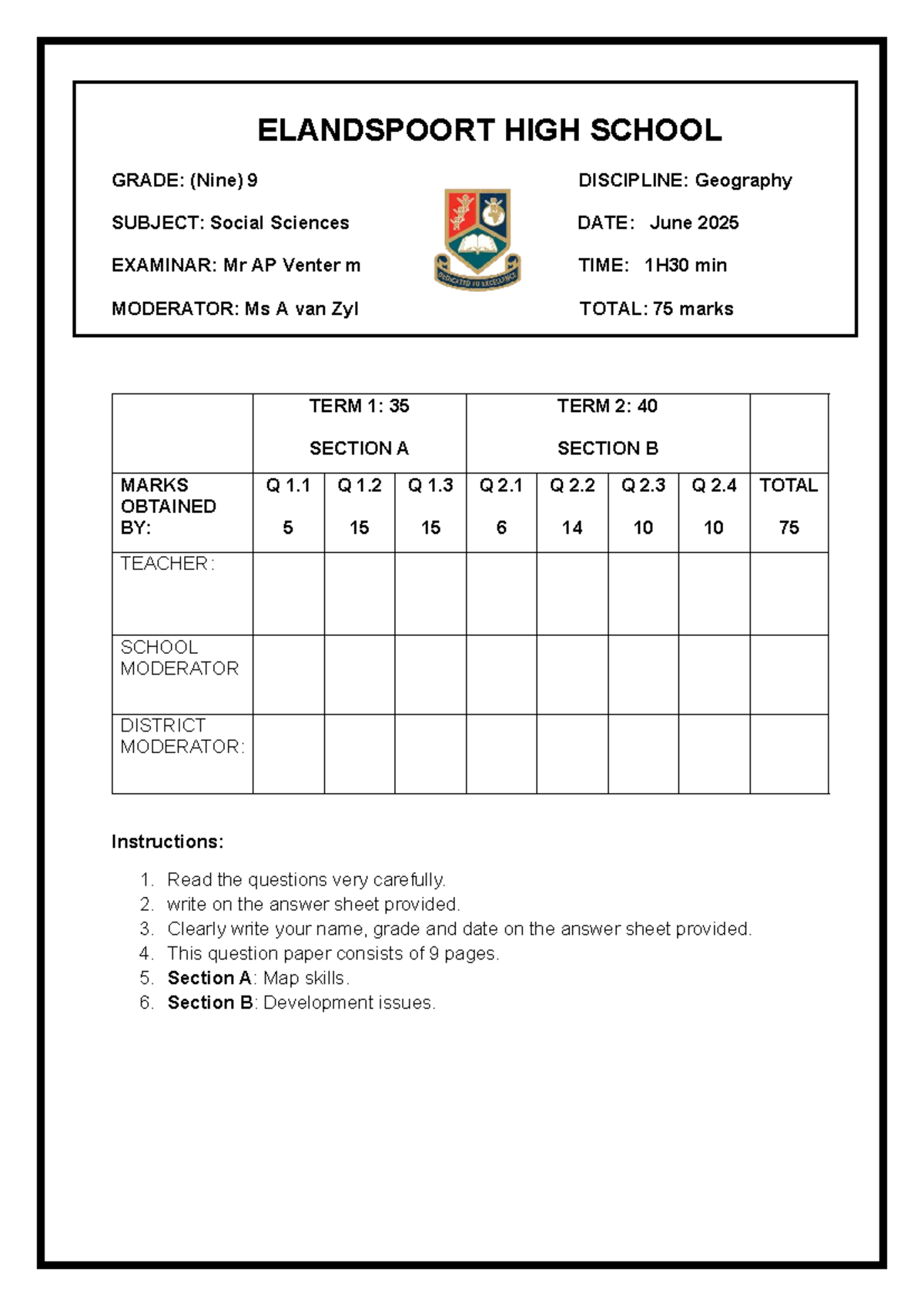 TERM 2 GEO QP-1: Grade 9 Social Sciences Practice Test 2025 - Studocu