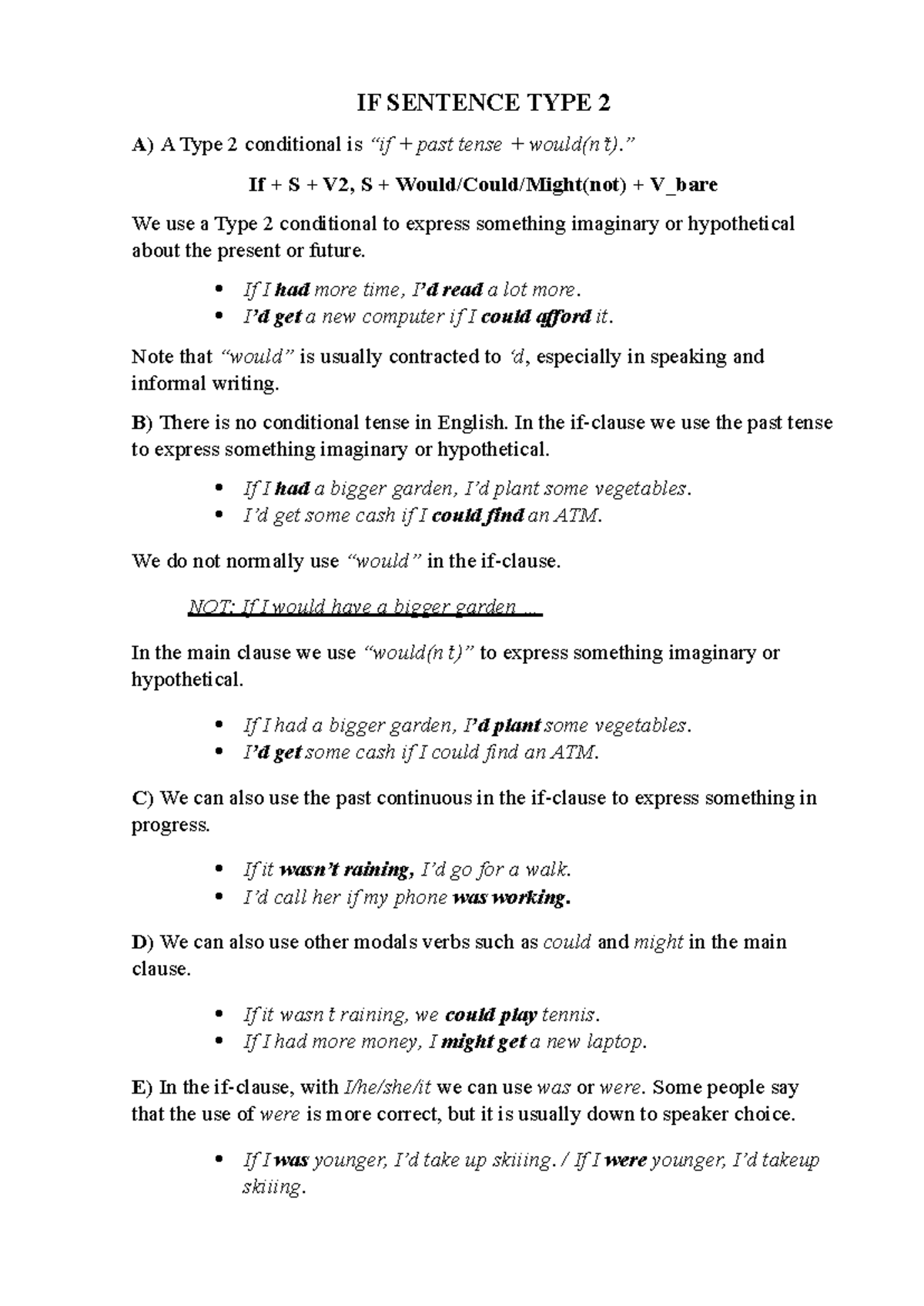 IF Sentence Type 2: Understanding Hypotheticals and Exercises - Studocu