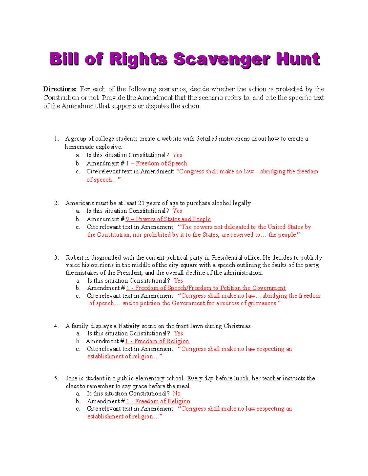 Bill of rights scavenger hunt key - Directions: For each of the ...