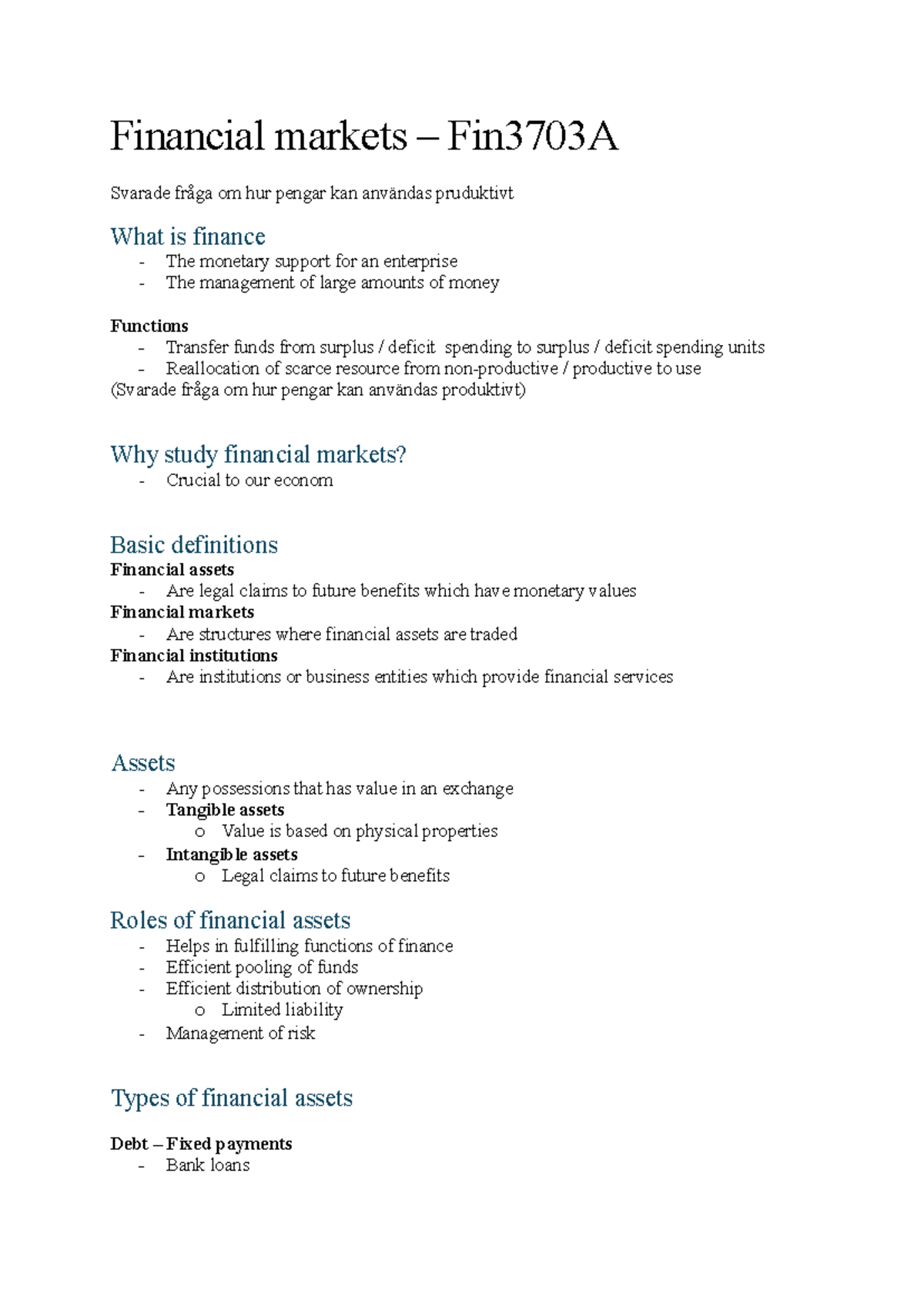 Fin3703A - Notes on Financial Markets and Their Functions - Studocu