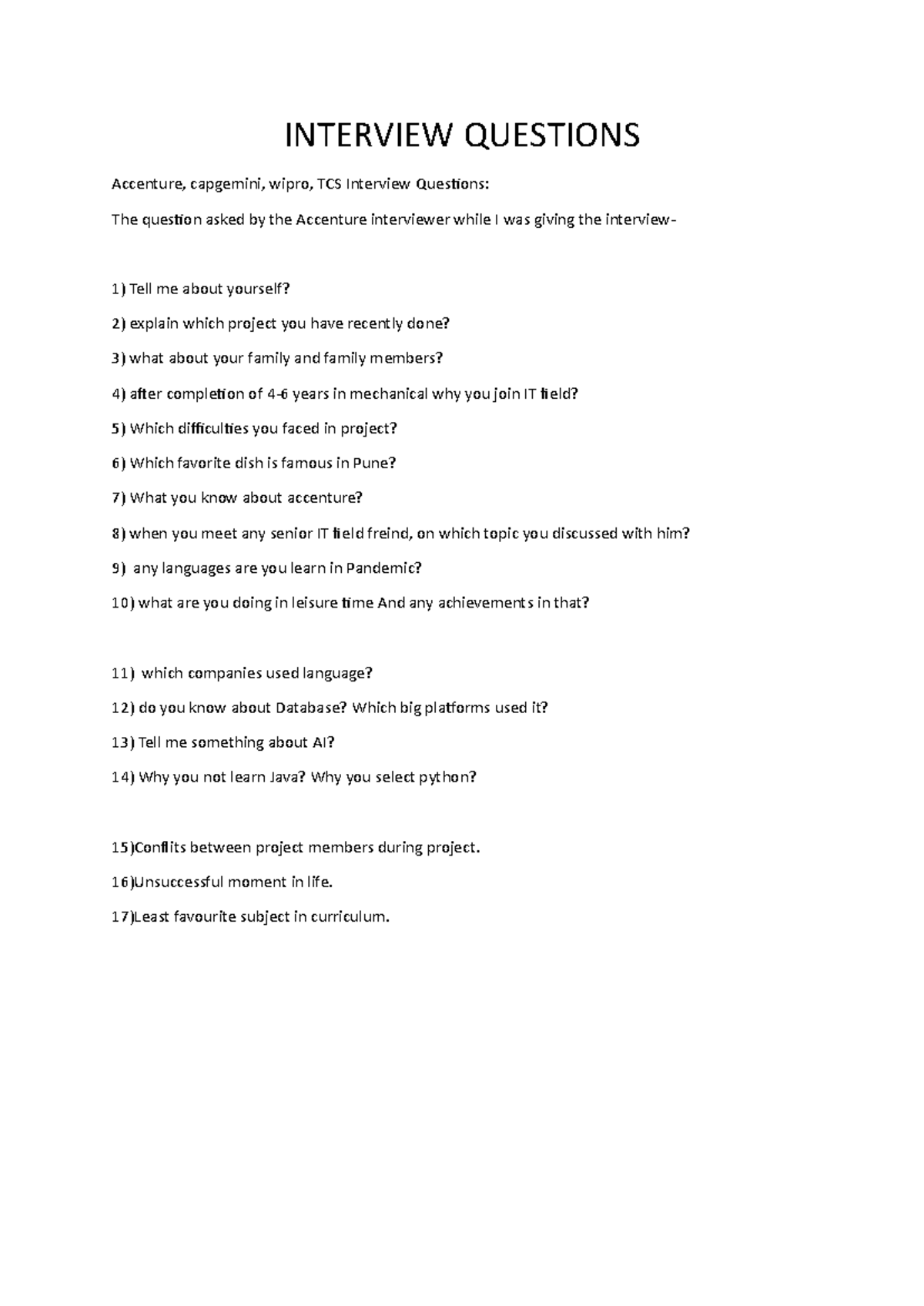 Interview Questions - nill - INTERVIEW QUESTIONS Accenture, capgemini ...